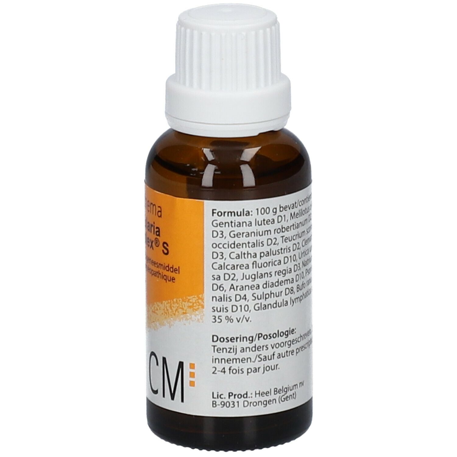 Bruine glazen fles met witte dop. Etiket met ingrediënten en CM-logo. 30 ml.