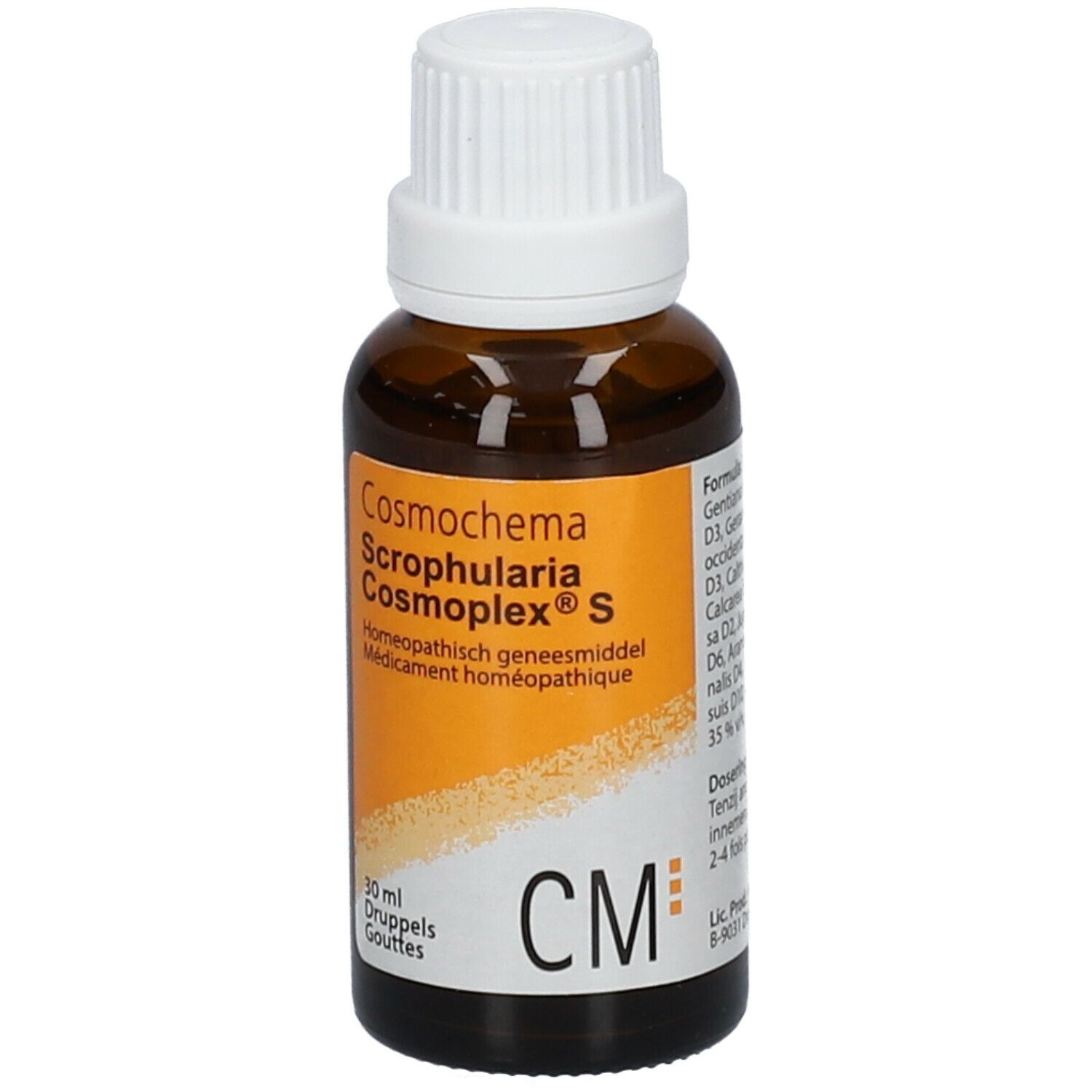 Bruine glazen fles met witte dop. Etiket met productnaam en CM-logo. 30 ml.