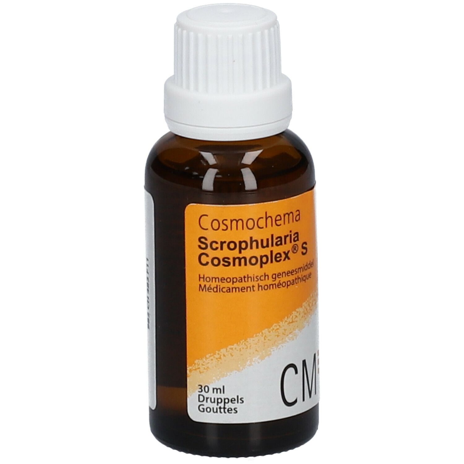 Bruine glazen fles met witte dop. Etiket met productnaam en CM-logo. 30 ml.
