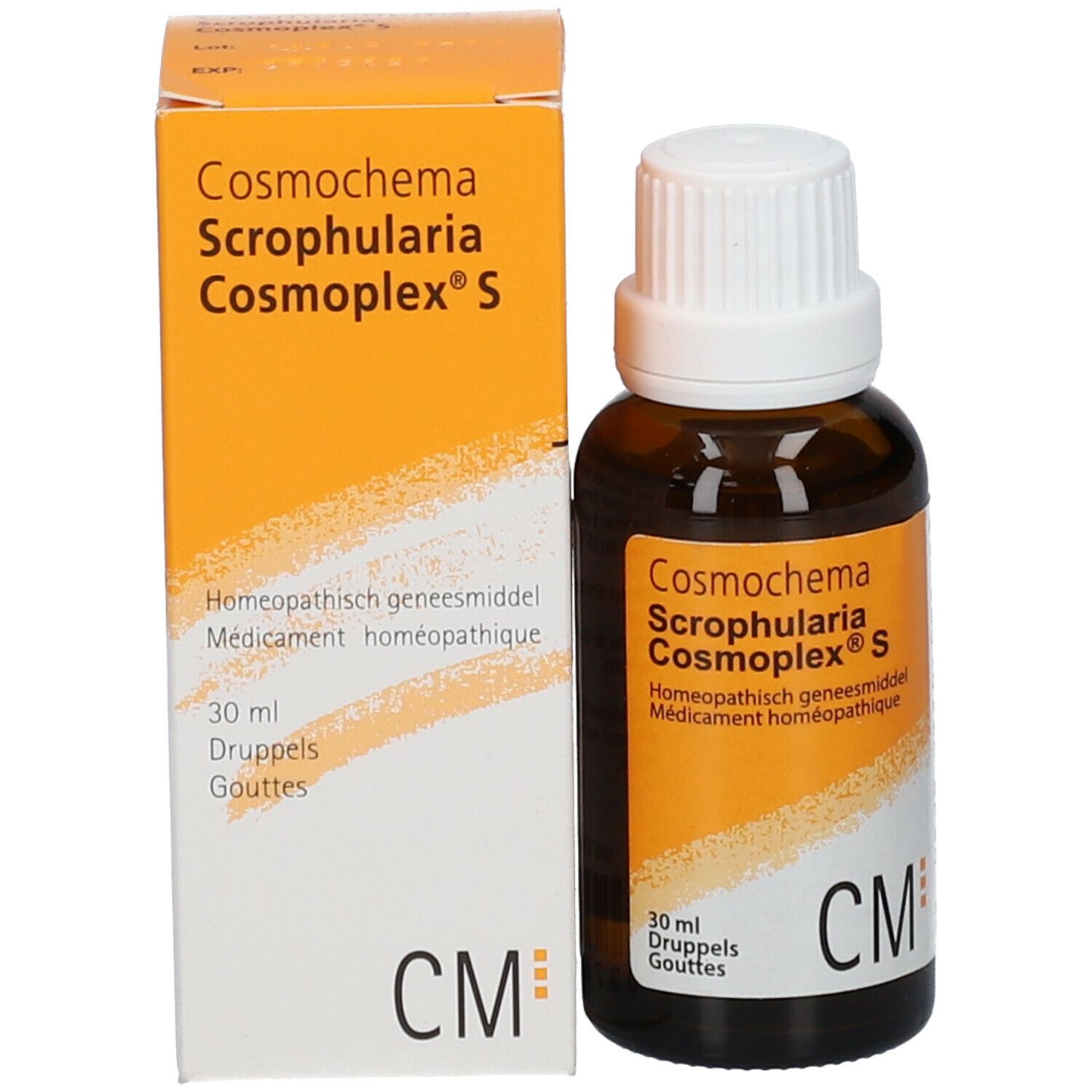 Bruine glazen fles en doos. Doos met productnaam en CM-logo. 30 ml.