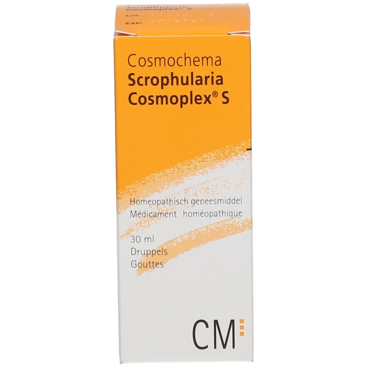 Doos met productnaam en CM-logo. 30 ml. Oranje-wit ontwerp.