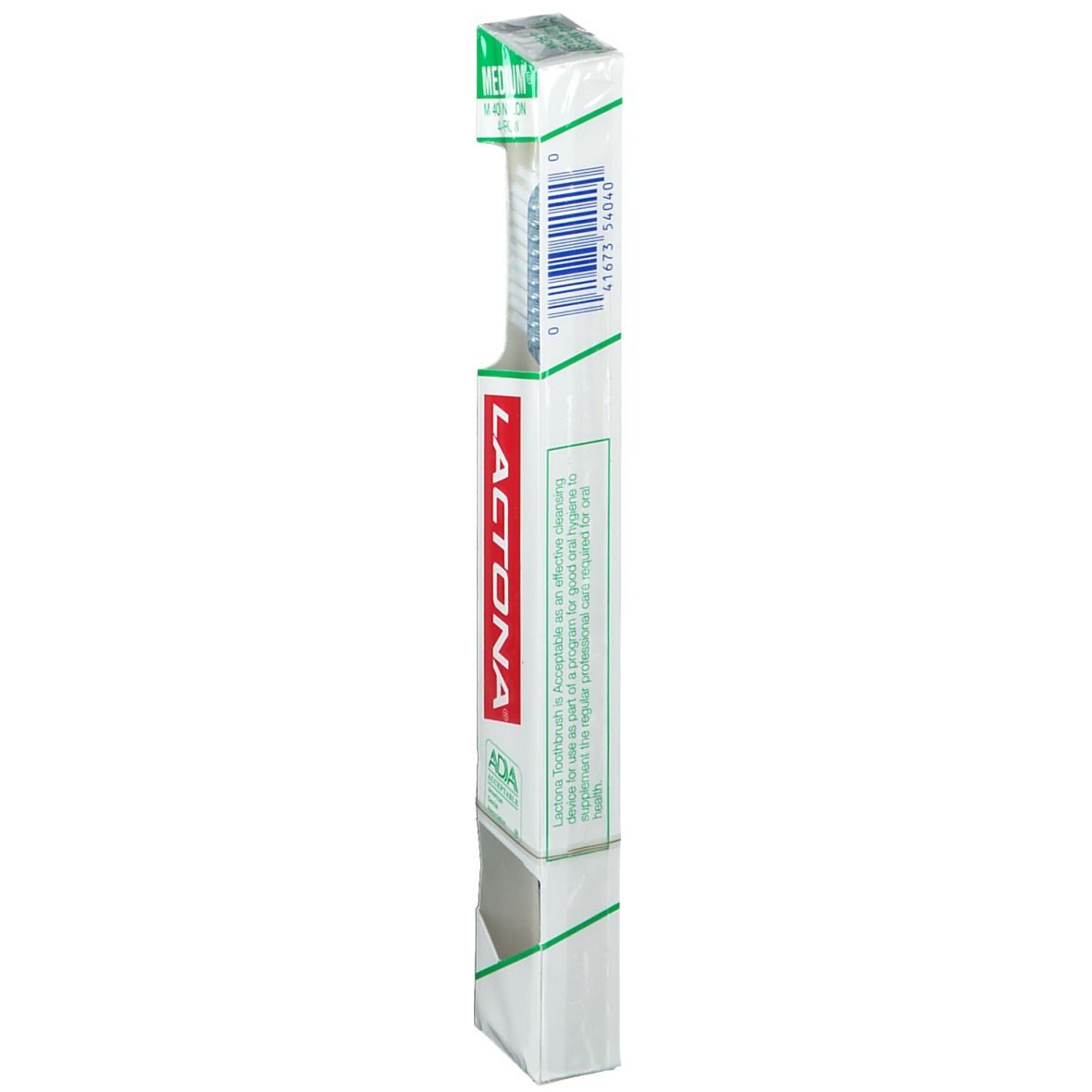 Emballage d'une brosse à dents. Marque Lactona. Dos avec code-barres et texte. Accents verts.