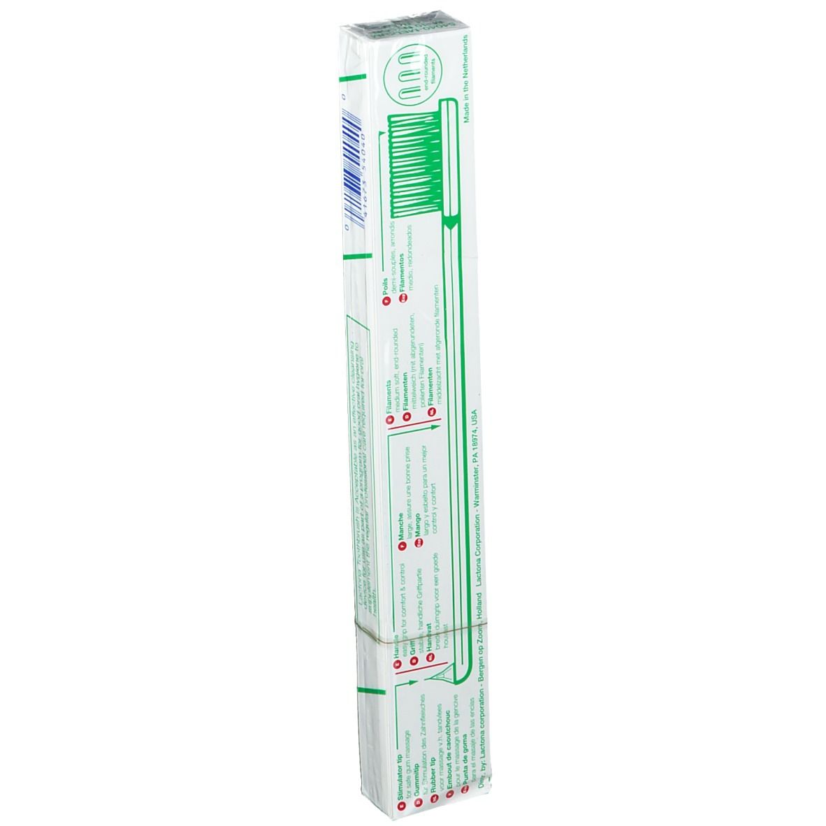 Emballage d'une brosse à dents. Marque Lactona. Dos avec texte et éléments verts. Code-barres.