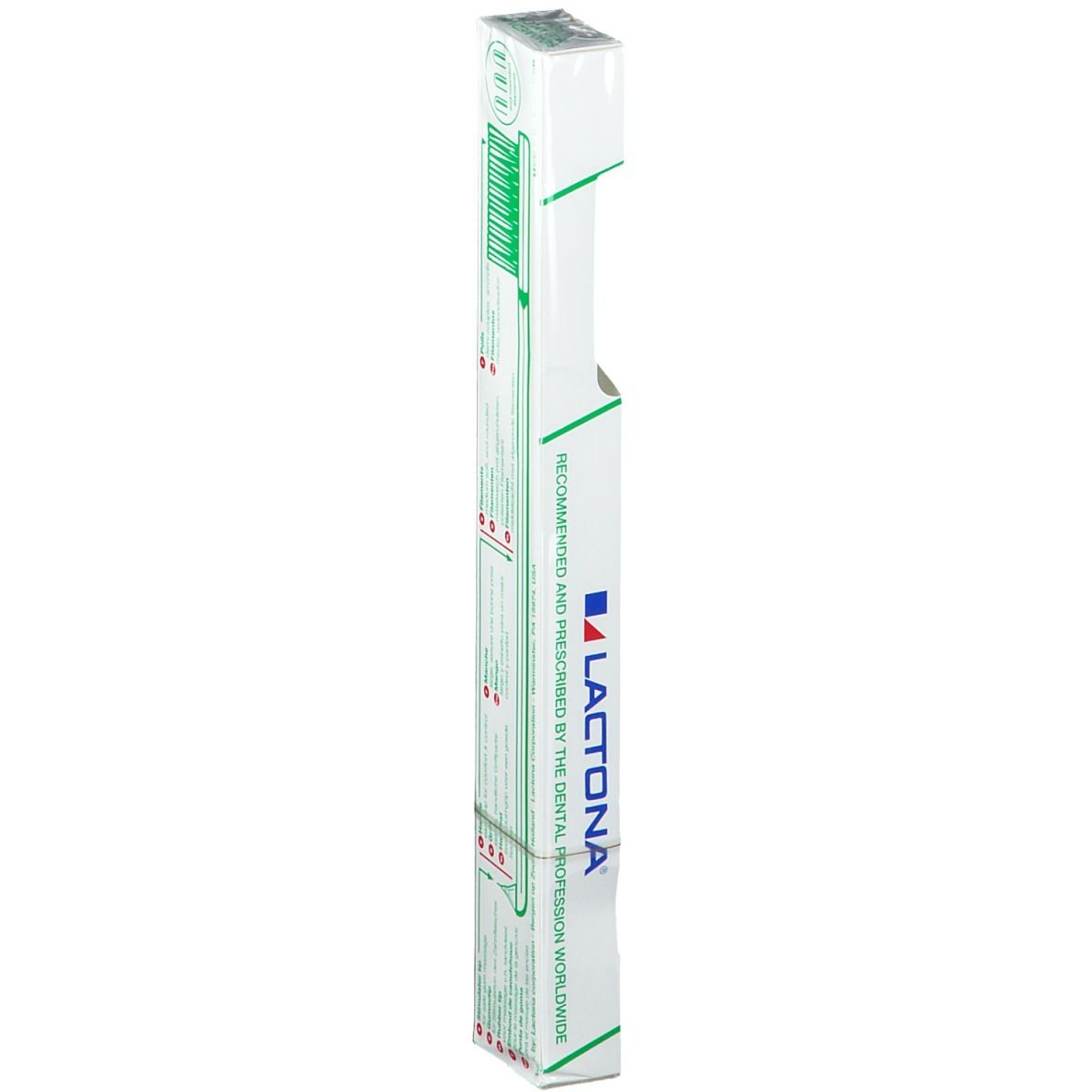 Emballage d'une brosse à dents. Marque Lactona. Dos avec texte. Éléments et écriture verts.