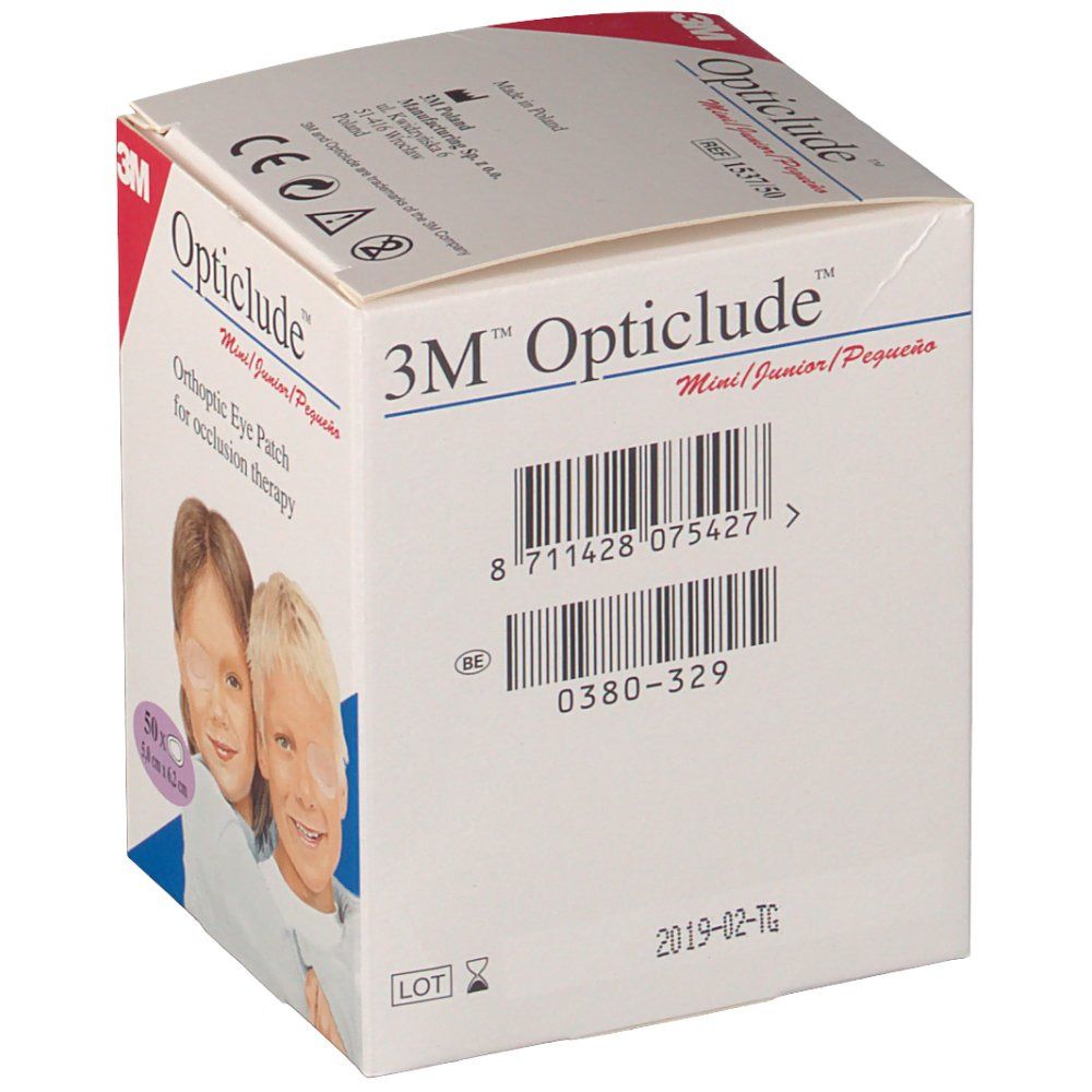 Kartonverpackung mit Produktnamen und Barcode. Aufdruck: Opticlude Mini Junior. Enthält Augenpflaster zur Okklusionstherapie.