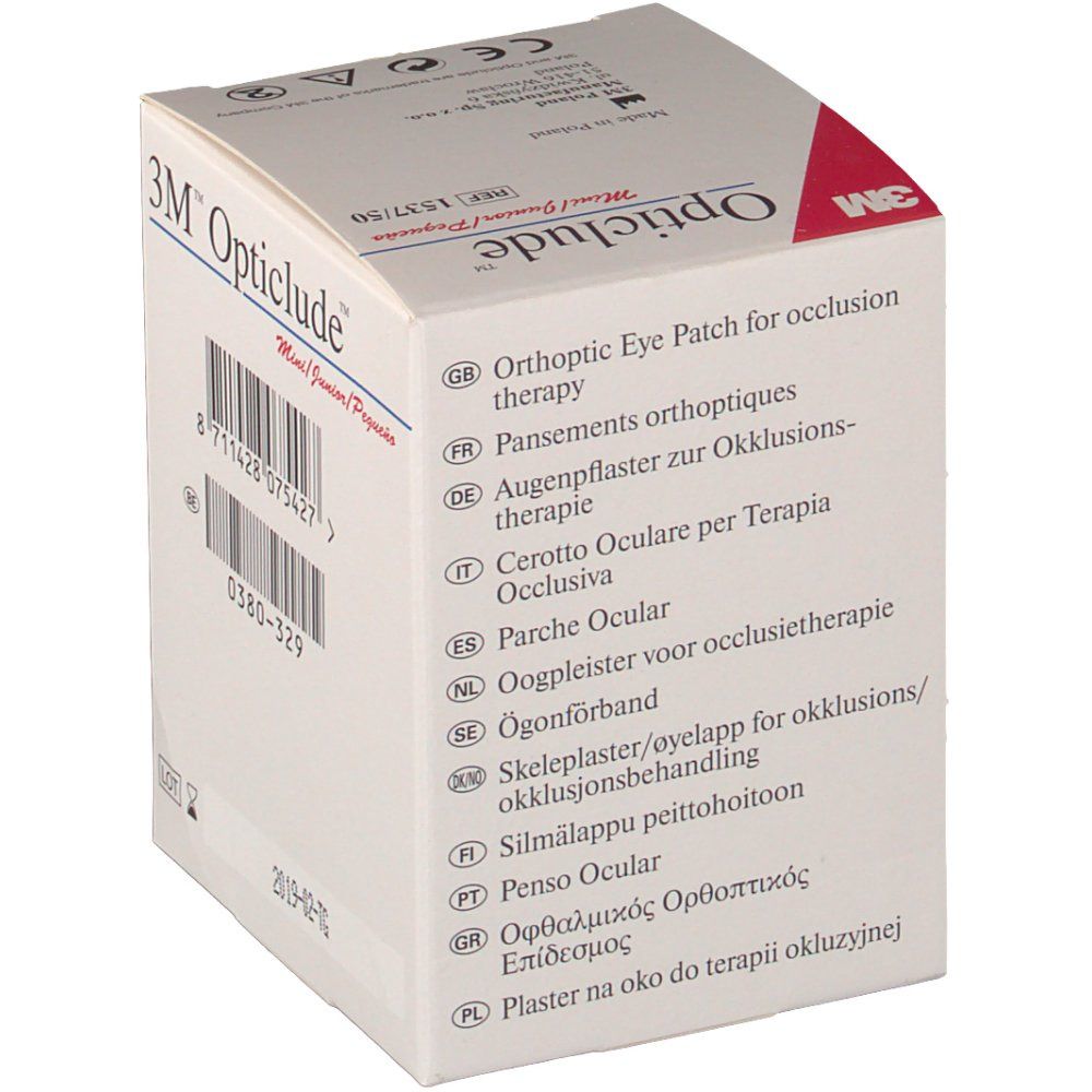Kartonverpackung, schräg. Aufdruck: Opticlude. Enthält Augenpflaster zur Okklusionstherapie. Mehrsprachige Auflistung der Anwendungsbereiche.