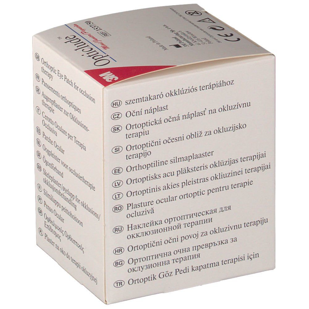 Kartonverpackung, schräg. Aufdruck: Opticlude. Enthält Augenpflaster zur Okklusionstherapie. Mehrsprachige Auflistung der Anwendungsbereiche.