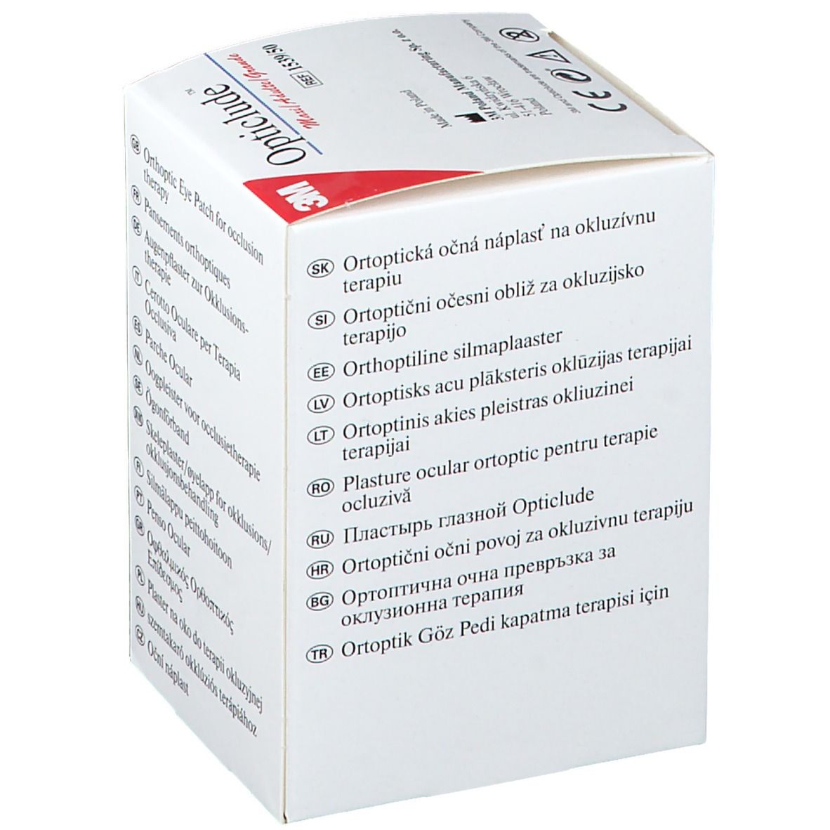 Confezione di 3M Opticlude. Informazioni multilingue sul prodotto. Scritto: Orthoptic Eye Patch for occlusion therapy.
