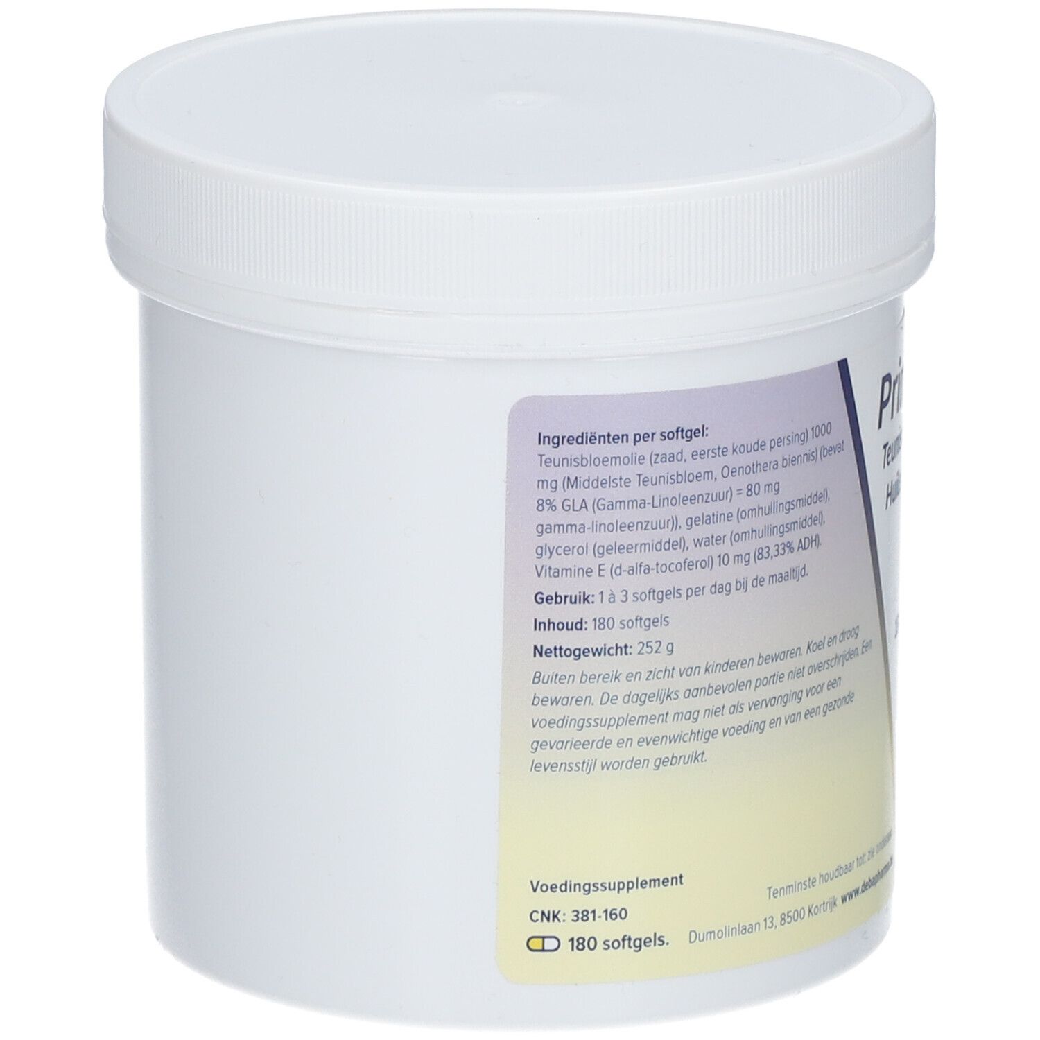 Pot blanc avec couvercle. Étiquette avec ingrédients et informations nutritionnelles. 180 gélules. CNK 381160.
