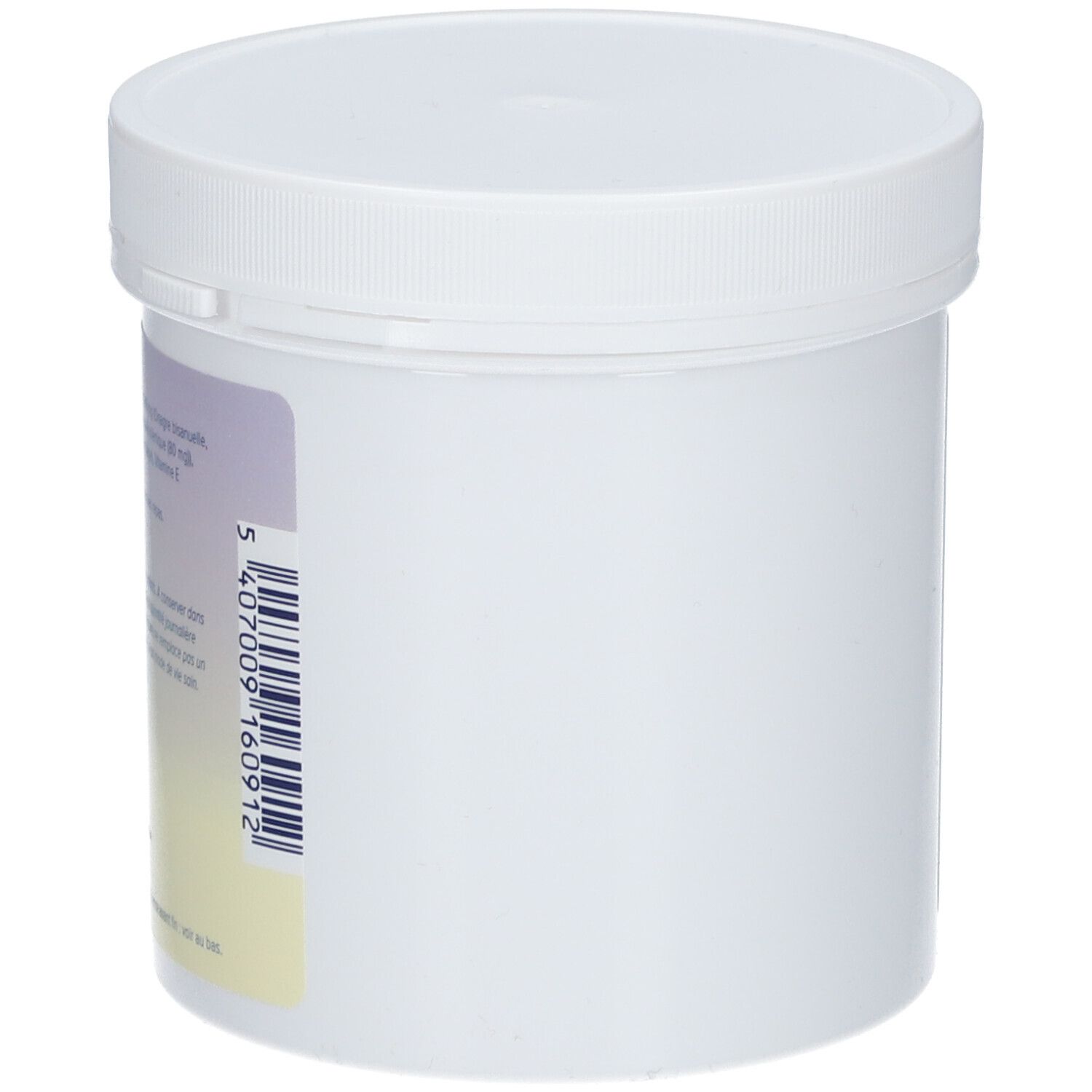 Pot blanc avec couvercle. Code-barres et informations produit sur le côté.