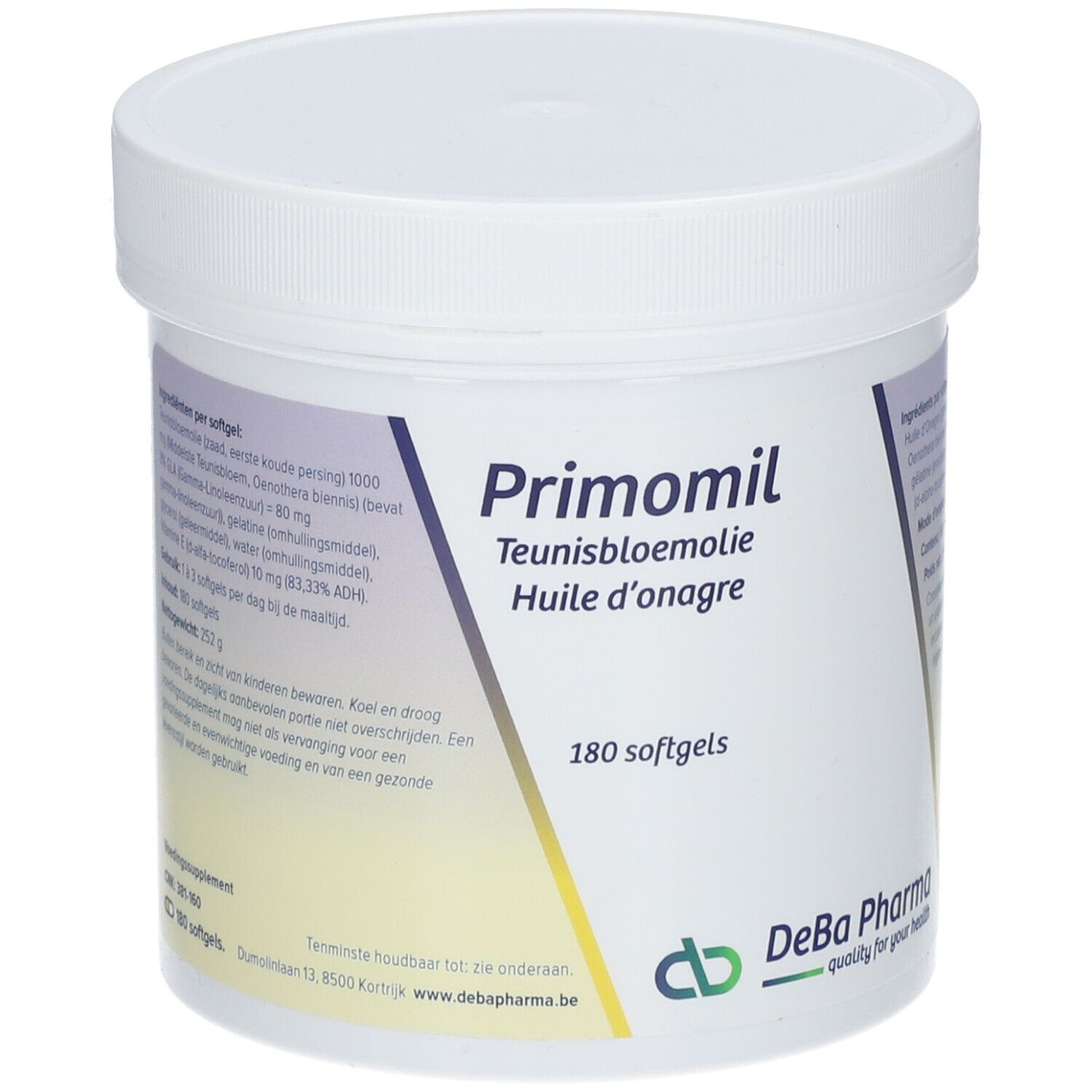 Pot blanc avec couvercle. Inscription : Primomil, Huile d'onagre, 180 gélules. Logo DeBa Pharma. Vue d'ensemble.
