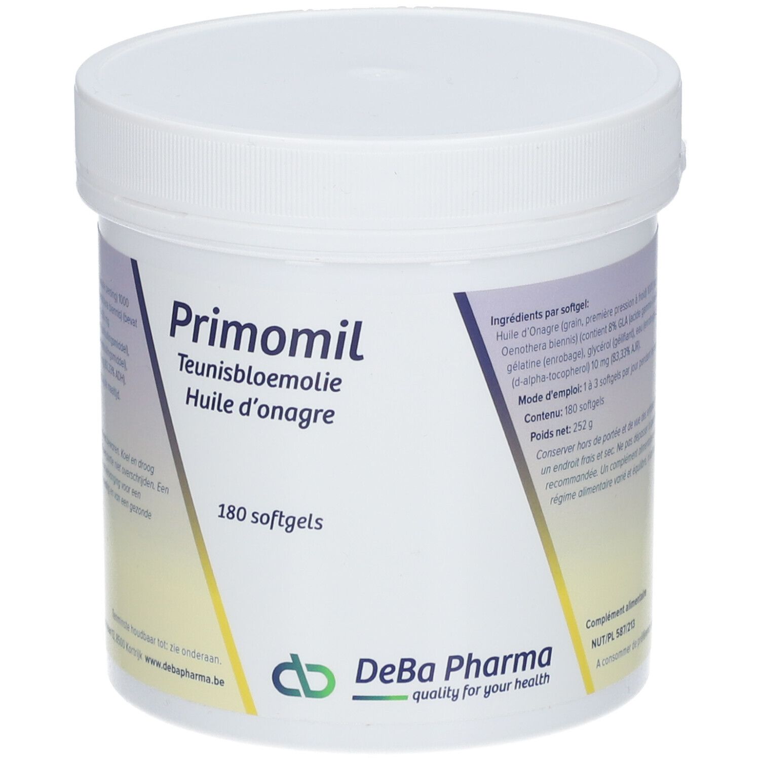 Pot blanc avec couvercle. Inscription : Primomil, Huile d'onagre, 180 gélules. Logo DeBa Pharma. Vue en perspective.