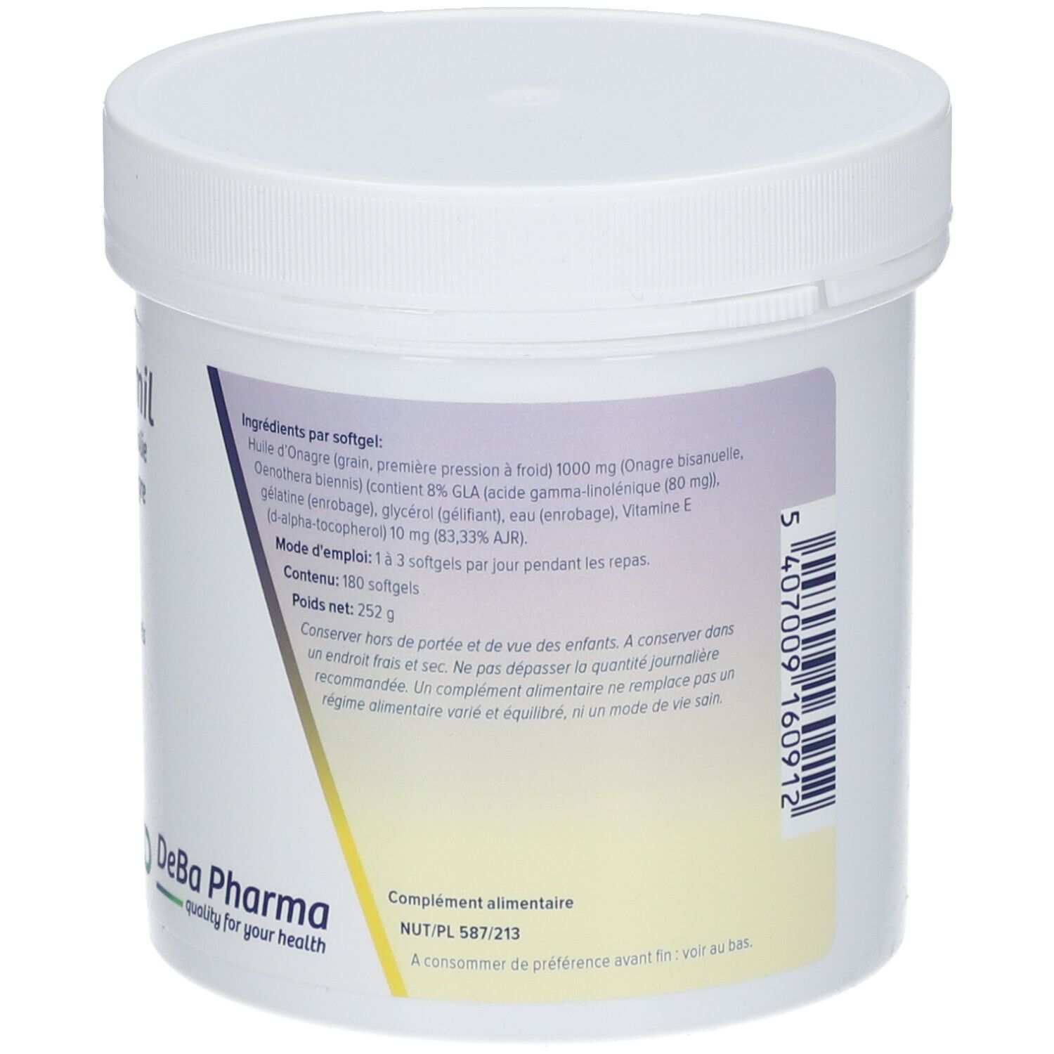 Pot blanc avec couvercle. Étiquette avec ingrédients et informations nutritionnelles. Logo DeBa Pharma. NUT/PL 587/213.