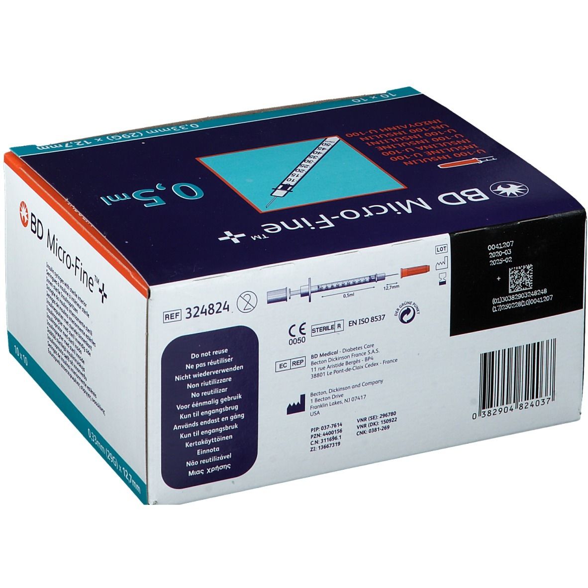 Boîte de seringues à insuline BD Micro-Fine™. Inscriptions : 0,5 ml, 0,33 mm (29G) x 12,7 mm. Marquage CE.