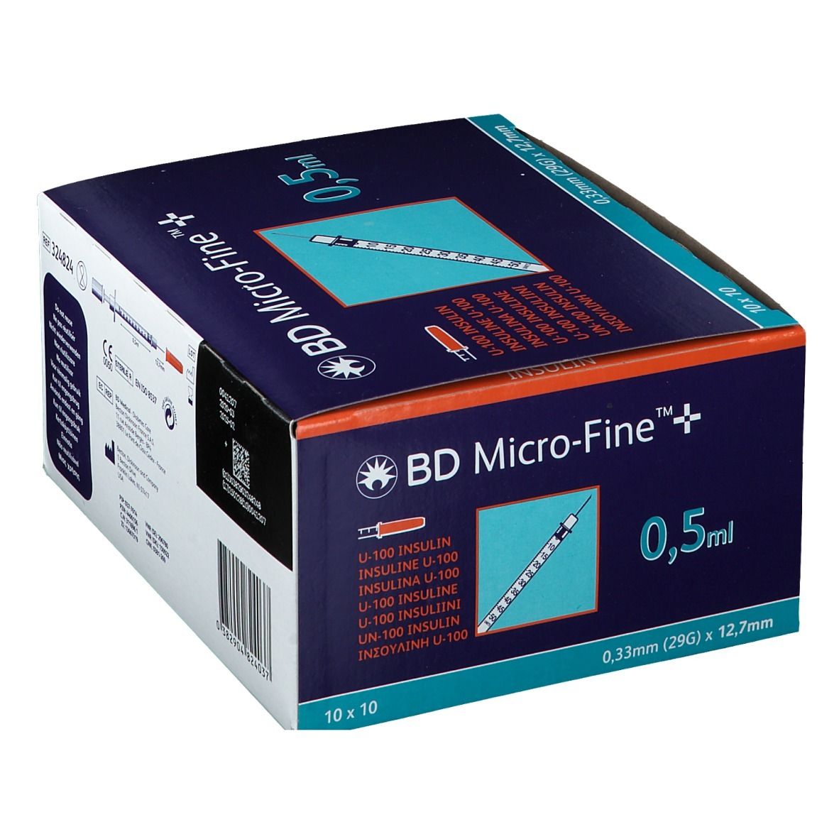 Boîte de seringues à insuline BD Micro-Fine™. Inscriptions : 0,5 ml, 0,33 mm (29G) x 12,7 mm. 10 x 10 pièces.
