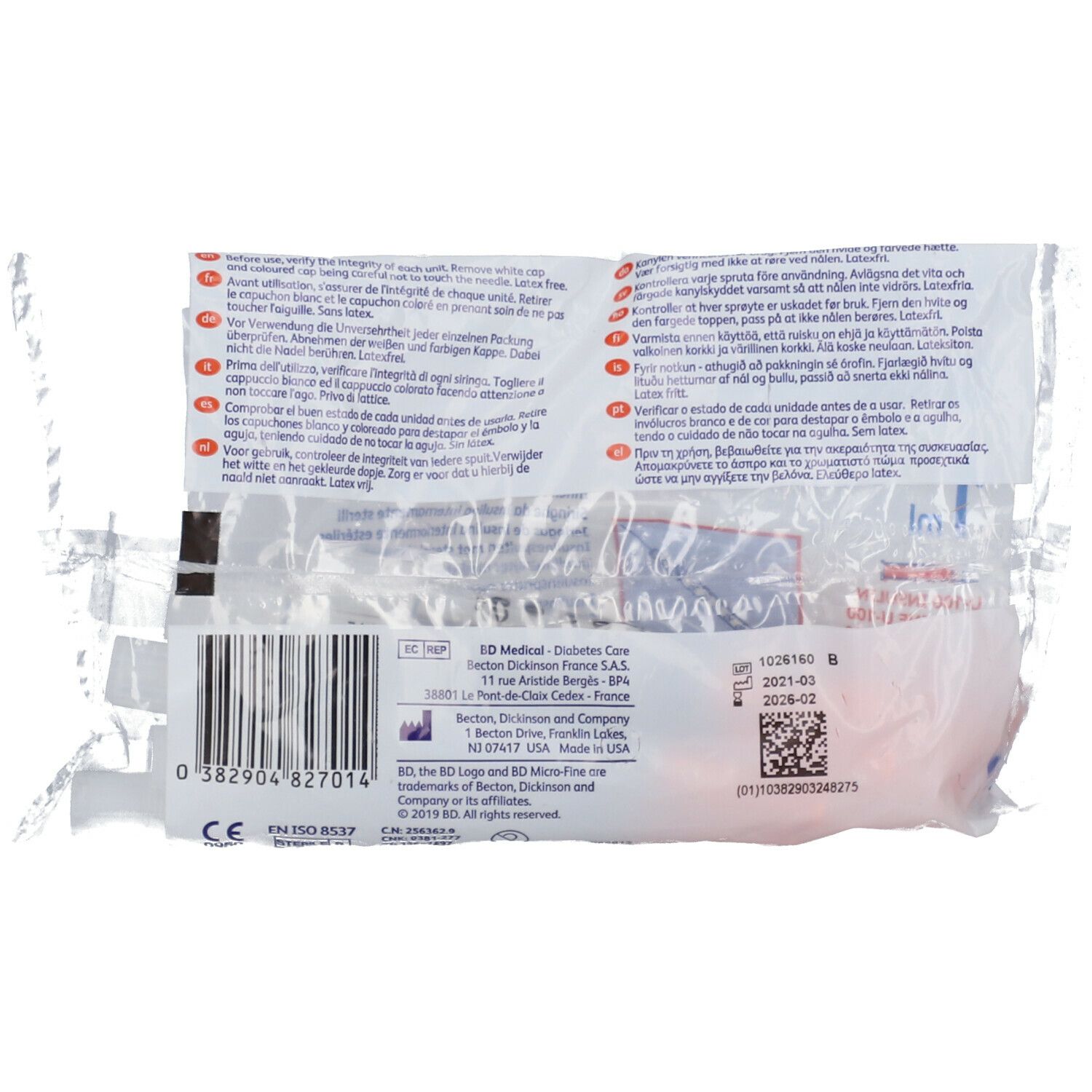 Rückseite der Verpackung mit BD Micro-Fine™ Insulinspritzen. Barcode, Text und Chargennummer. CE-Kennzeichnung.