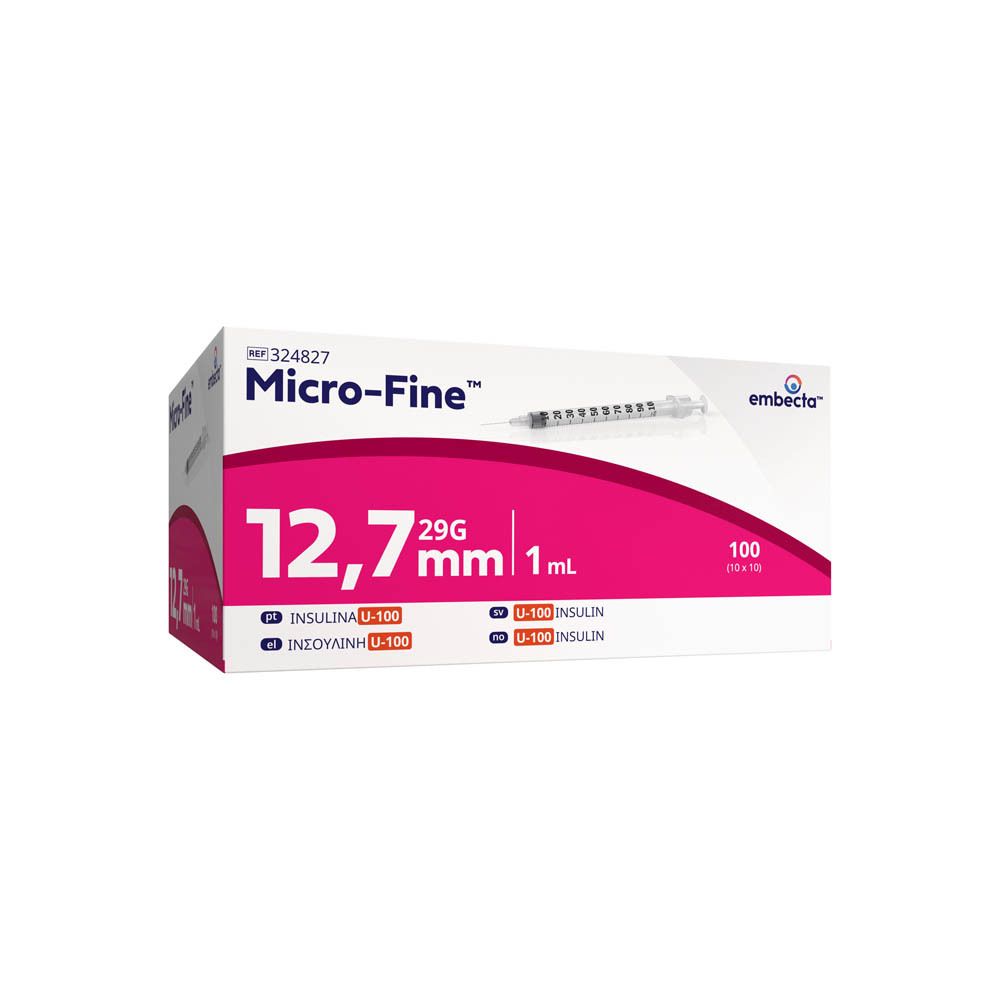 Verpackung mit 100 BD Micro-Fine Insulin-Spritzen, 12,7 mm, 29G, 1 ml.