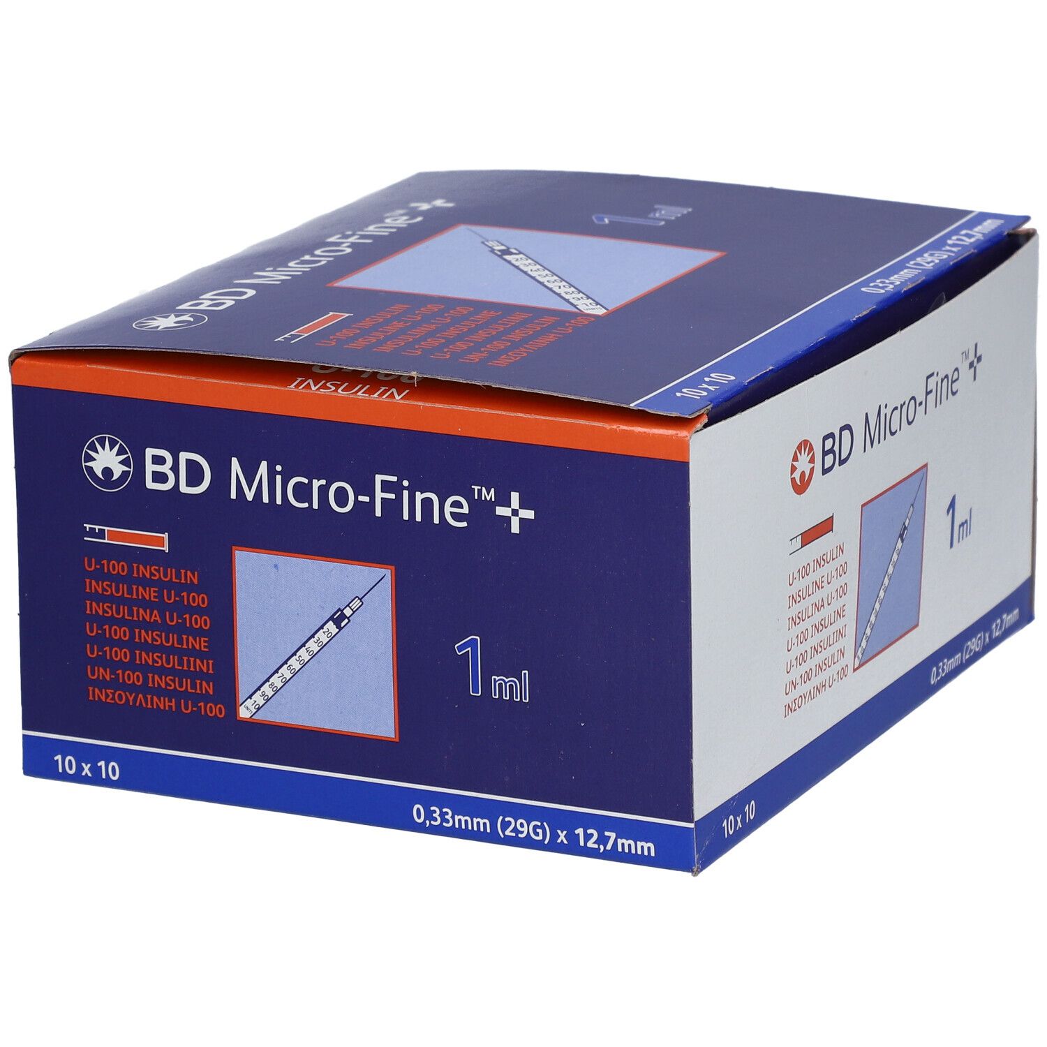 Boîte de BD Micro-Fine+. Contient 10x10 aiguilles. Inscription : 1 ml, 0,33 mm (29G) x 12,7 mm.
