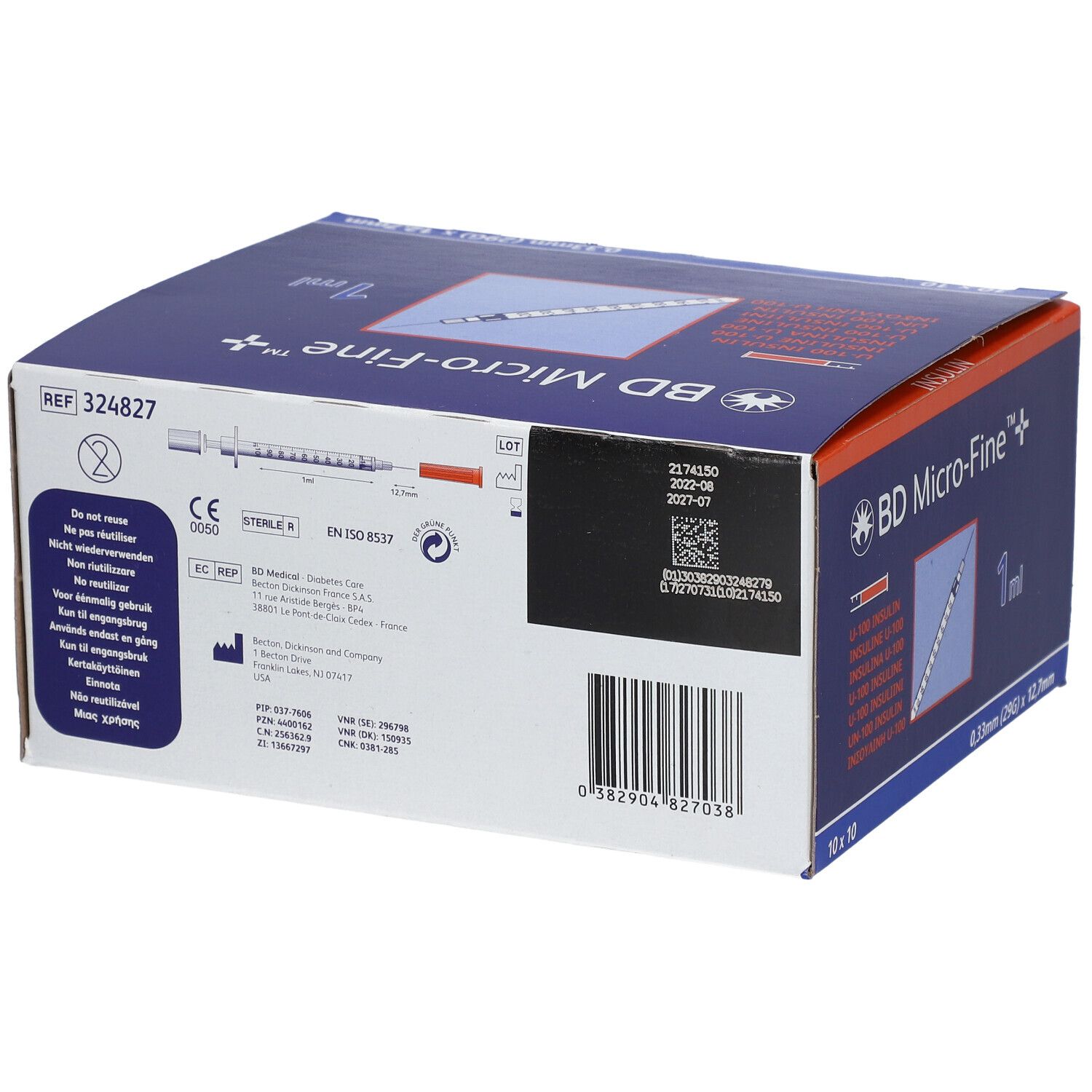 Boîte de BD Micro-Fine+. Arrière avec informations. Contient 10x10 aiguilles. Inscription : 1 ml, 0,33 mm (29G) x 12,7 mm.