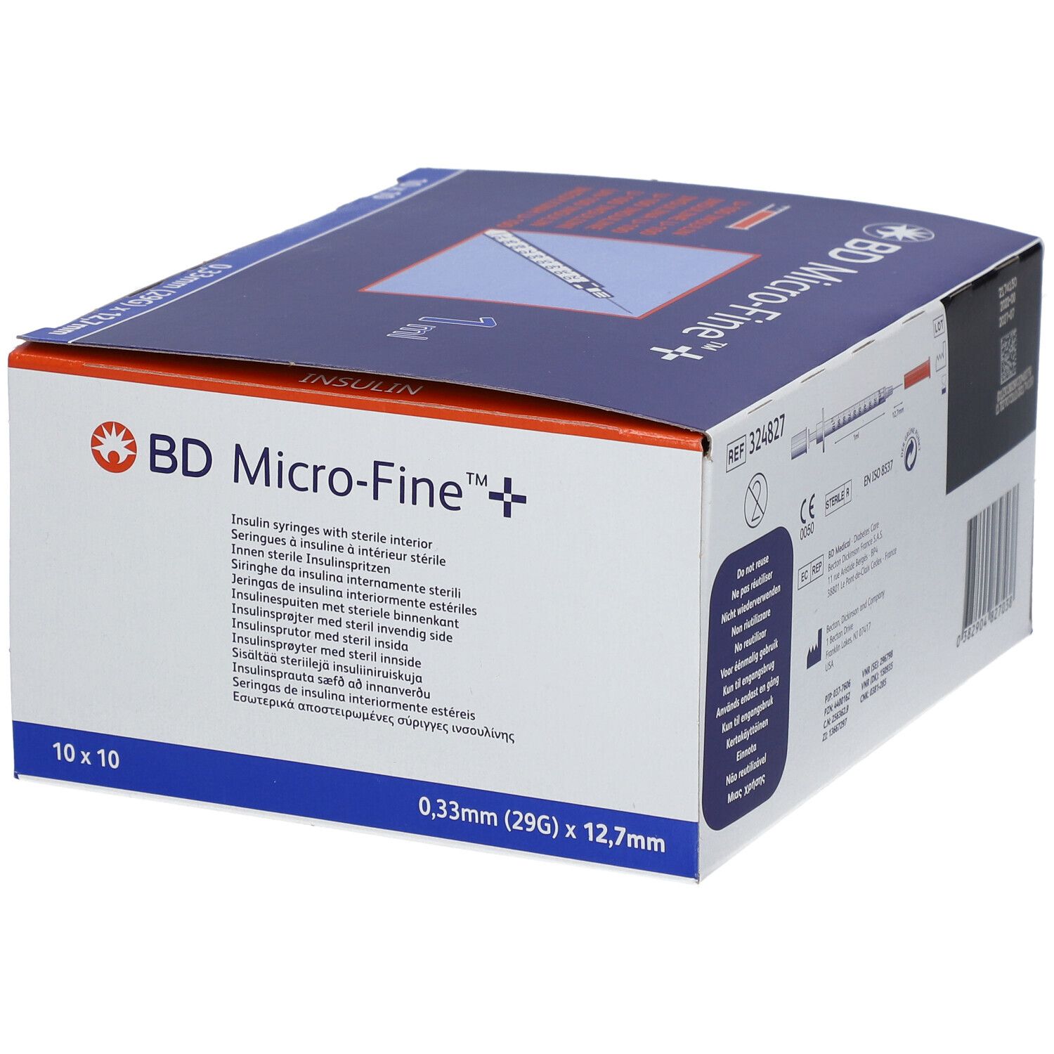 Boîte de BD Micro-Fine+. Contient 10x10 aiguilles. Inscription : 1 ml, 0,33 mm (29G) x 12,7 mm. Côté avec informations.