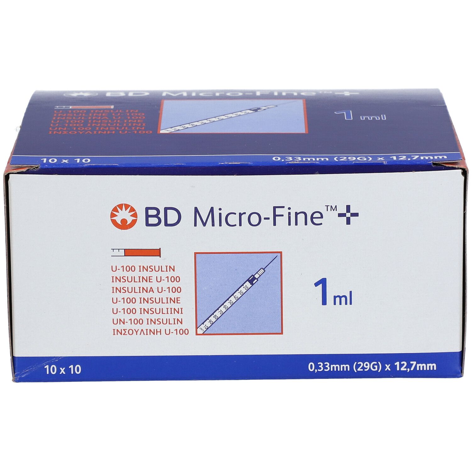 Boîte de BD Micro-Fine+. Contient 10x10 aiguilles. Inscription : 1 ml, 0,33 mm (29G) x 12,7 mm.
