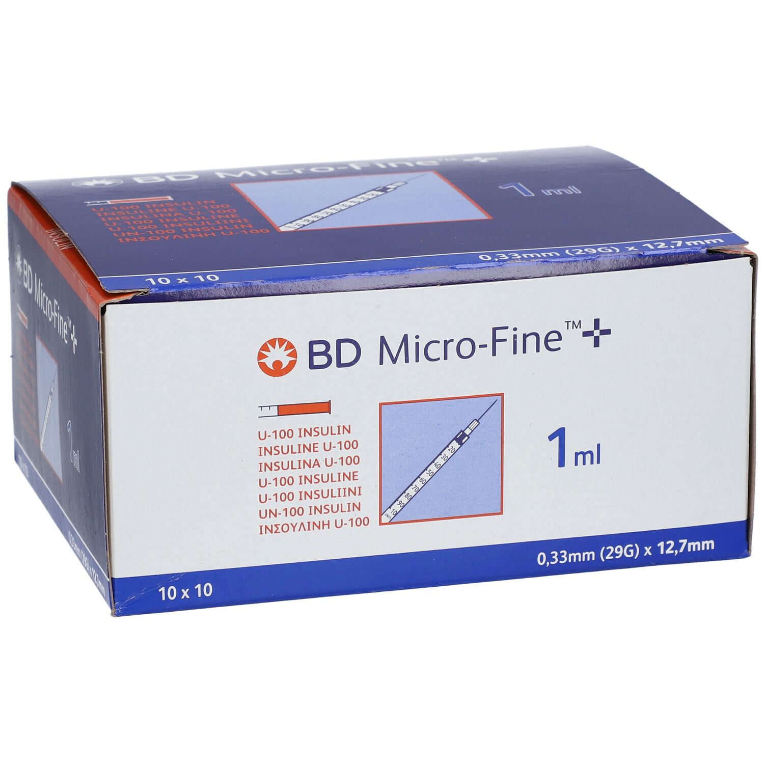 Boîte de BD Micro-Fine+. Contient 10x10 aiguilles. Inscription : 1 ml, 0,33 mm (29G) x 12,7 mm.