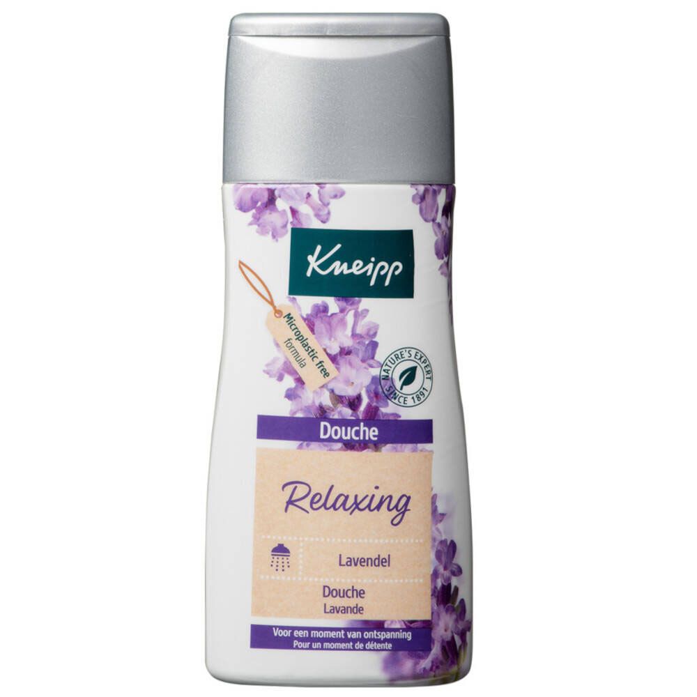 Flacon Kneipp Douche Lavande. Étiquette blanche, lavande violette, logo, texte. Bouchon argenté.