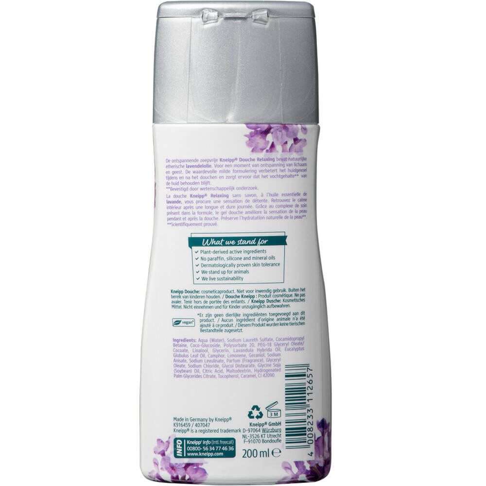 Dos du flacon Kneipp Douche Lavande. Texte, ingrédients, logo, code-barres. Étiquette blanche.