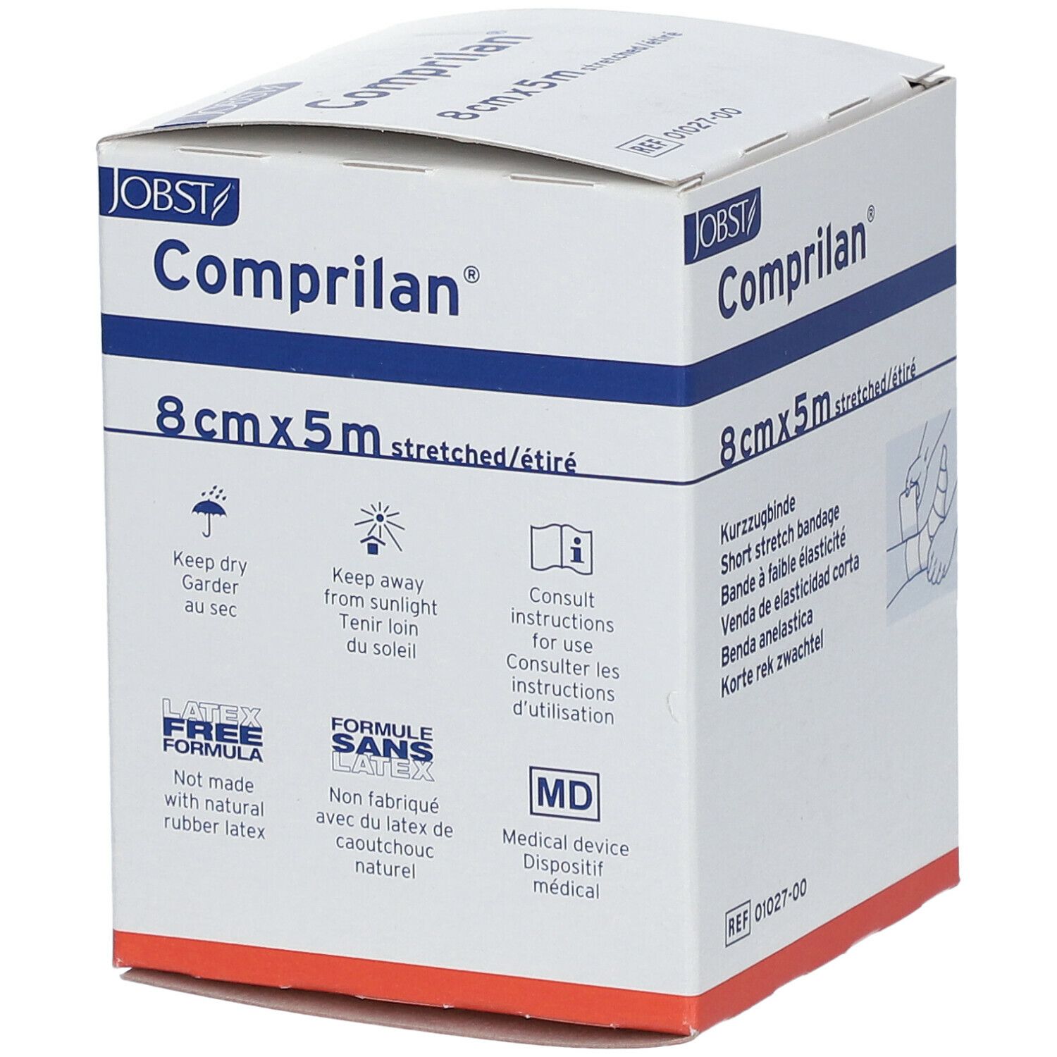 Verpackung von Kompressionsbinde. Aufschrift: Comprilan, 8 cm x 5 m. Latexfrei. Medizinprodukt. Jobst Logo.