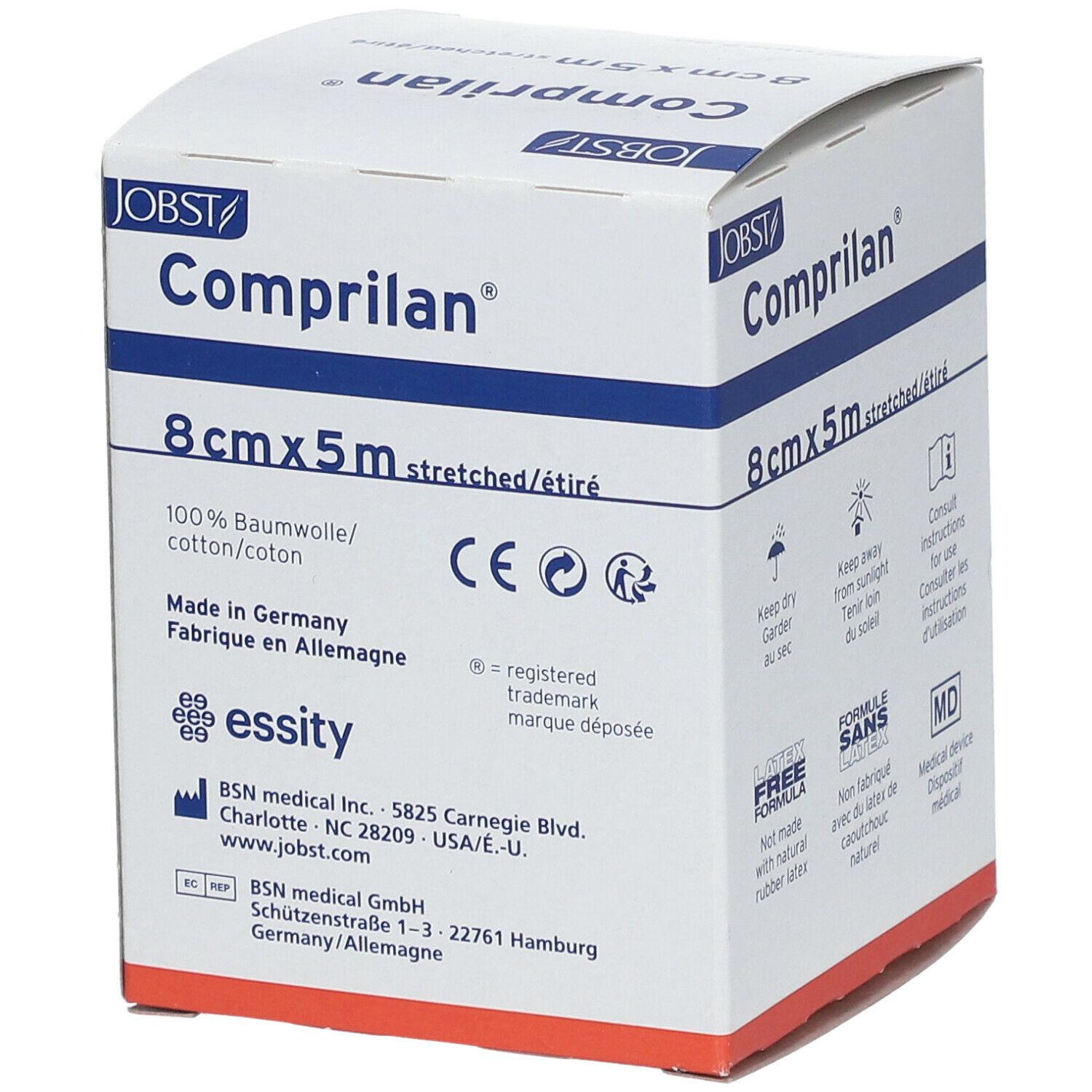 Verpackung von Kompressionsbinde. Aufschrift: Comprilan, 8 cm x 5 m. 100% Baumwolle. CE-Kennzeichnung. Jobst Logo.