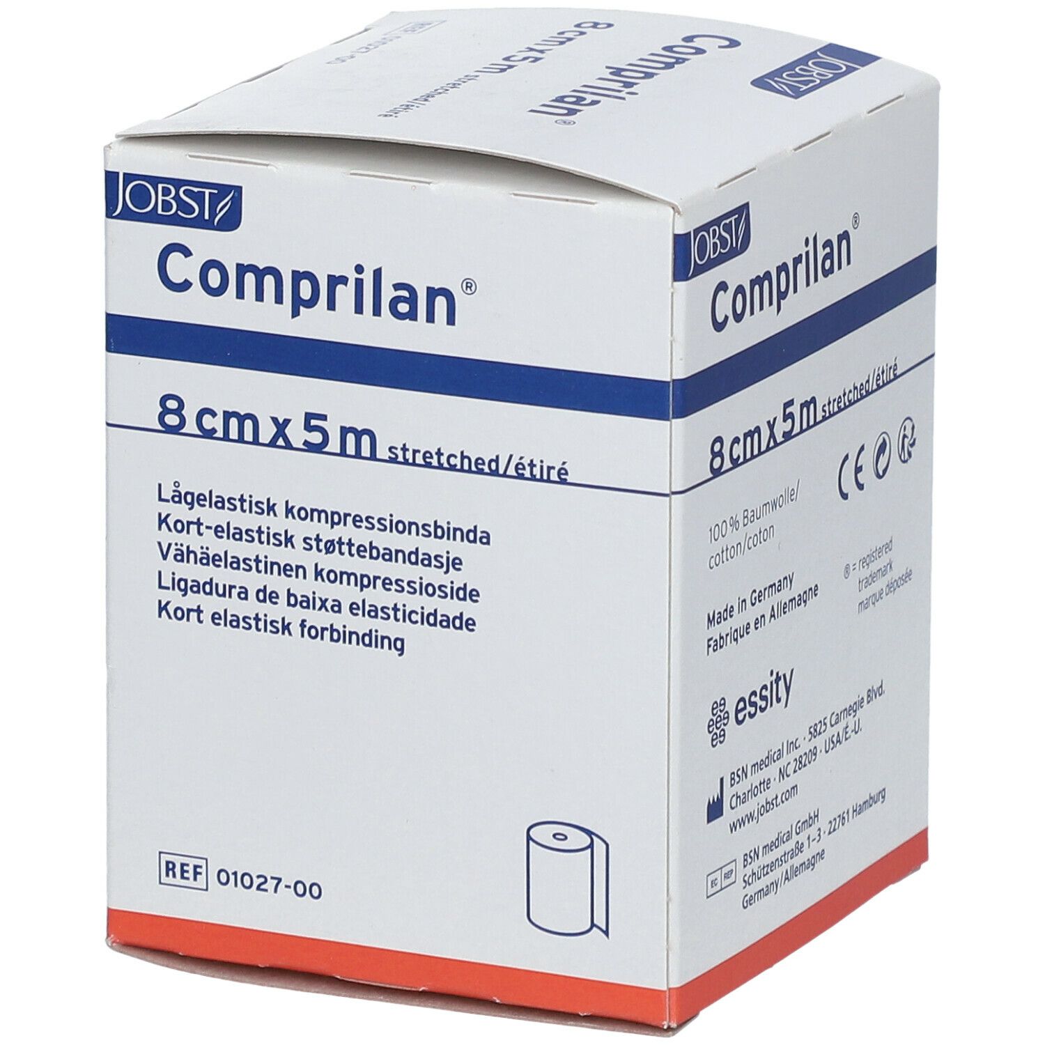 Verpackung von Kompressionsbinde. Aufschrift: Comprilan, 8 cm x 5 m. Jobst Logo. Produktinformationen.