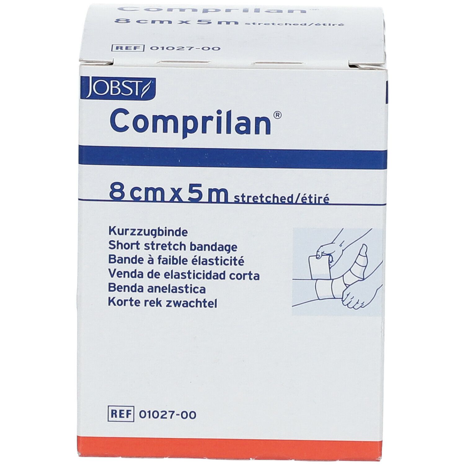 Verpackung von Kompressionsbinde. Aufschrift: Comprilan, 8 cm x 5 m. Kurzzeitbinde. Jobst Logo. Illustration.