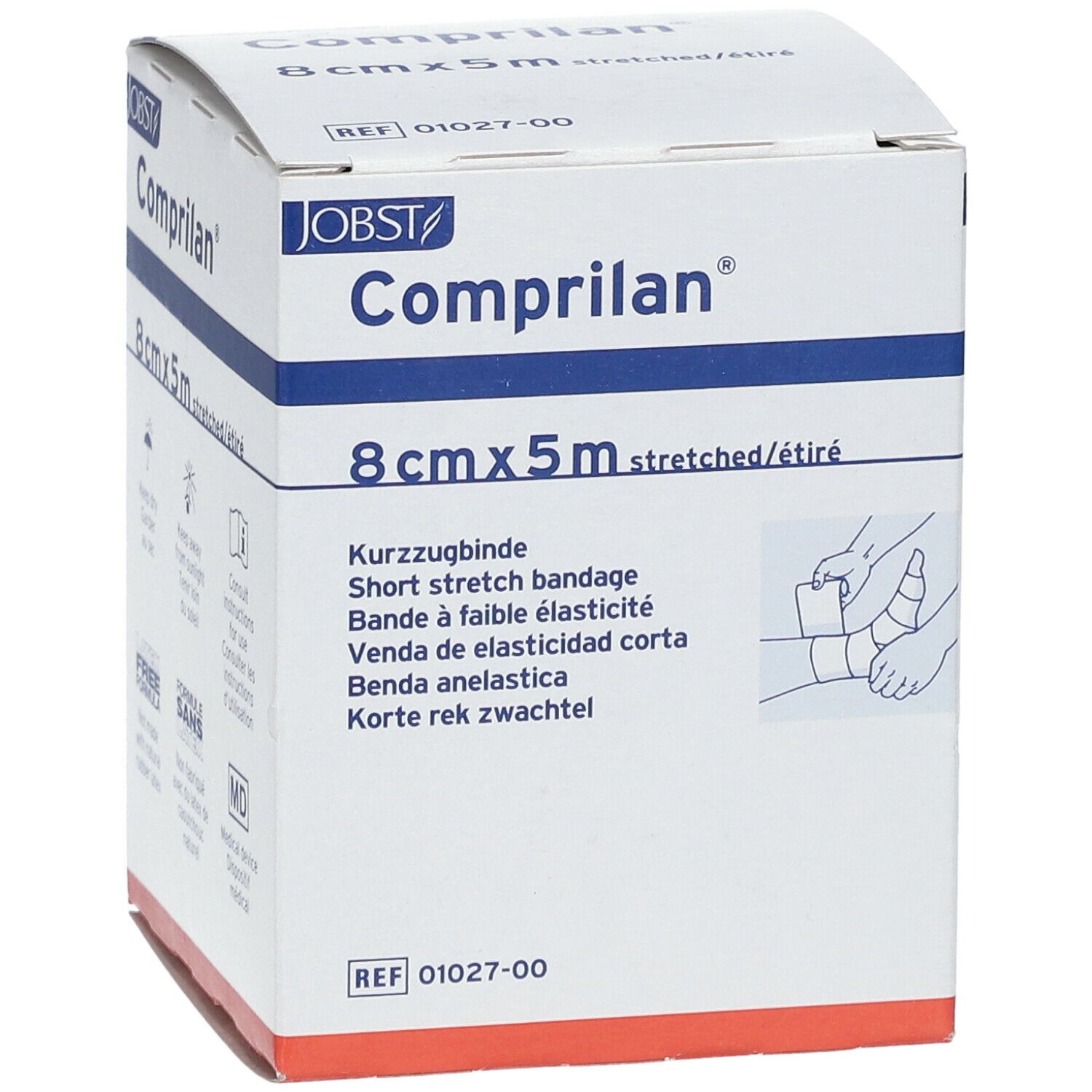 Verpackung von Kompressionsbinde. Aufschrift: Comprilan, 8 cm x 5 m. Kurzzeitbinde. Jobst Logo. Illustration.