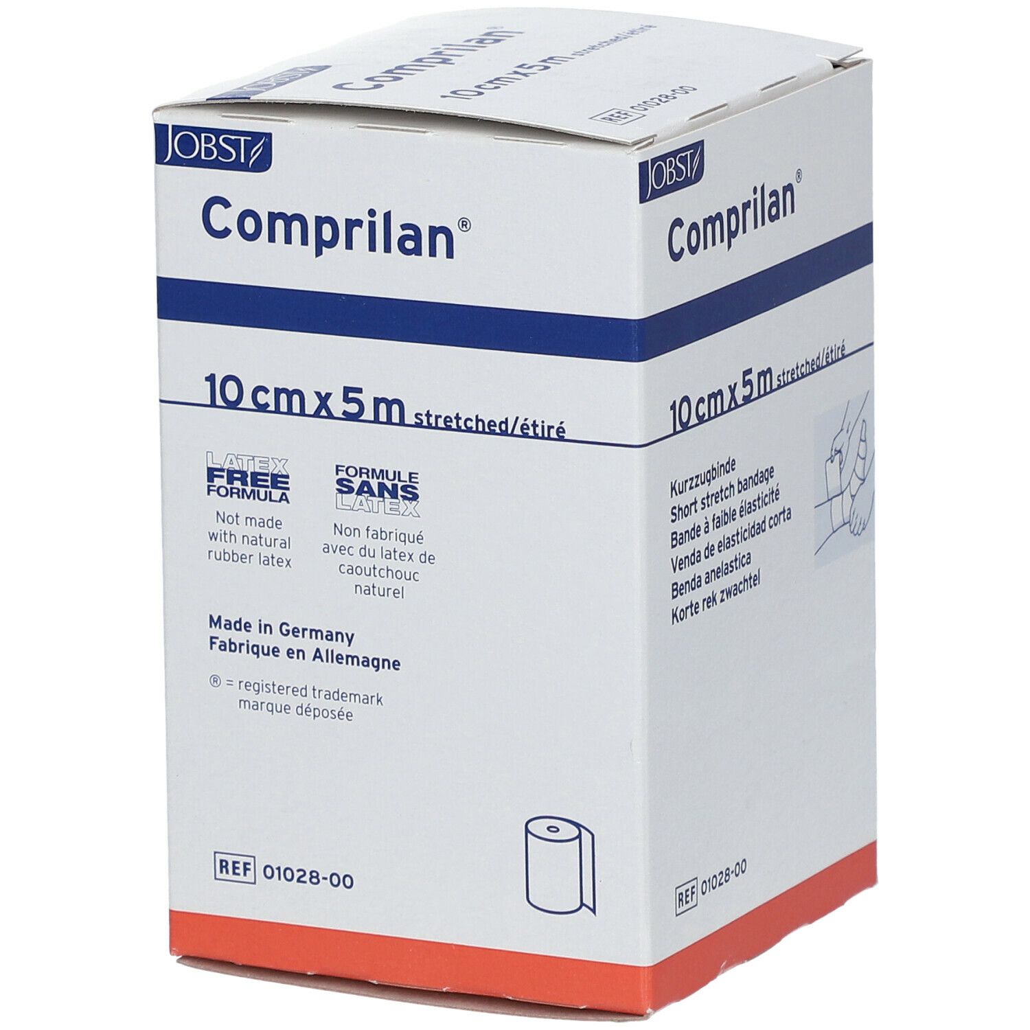 Emballage de bandage compressif. Inscription : 10 cm x 5 m, sans latex. Marque : Comprilan.