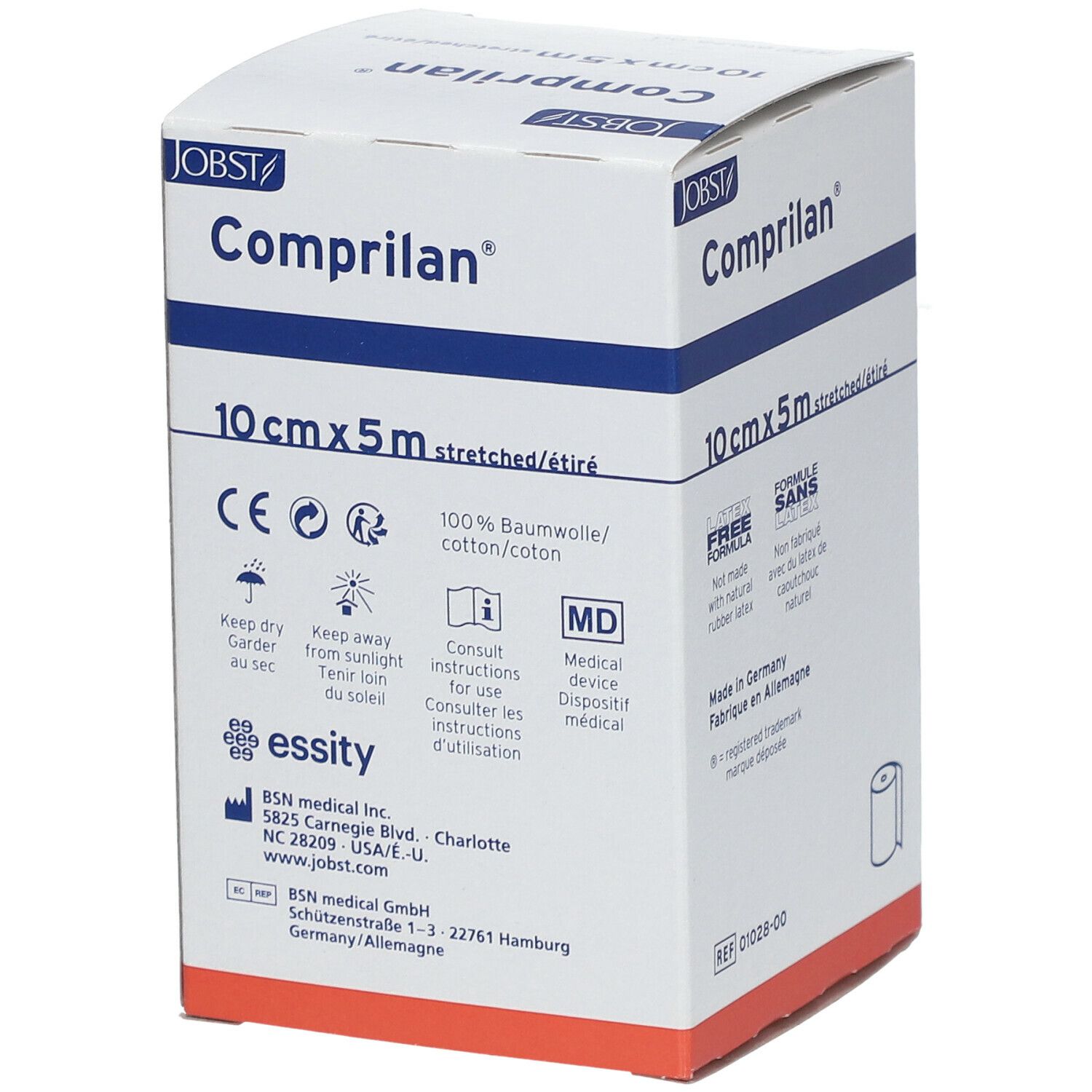Emballage de bandage compressif. Inscription : 10 cm x 5 m, marquage CE. Marque : Comprilan.