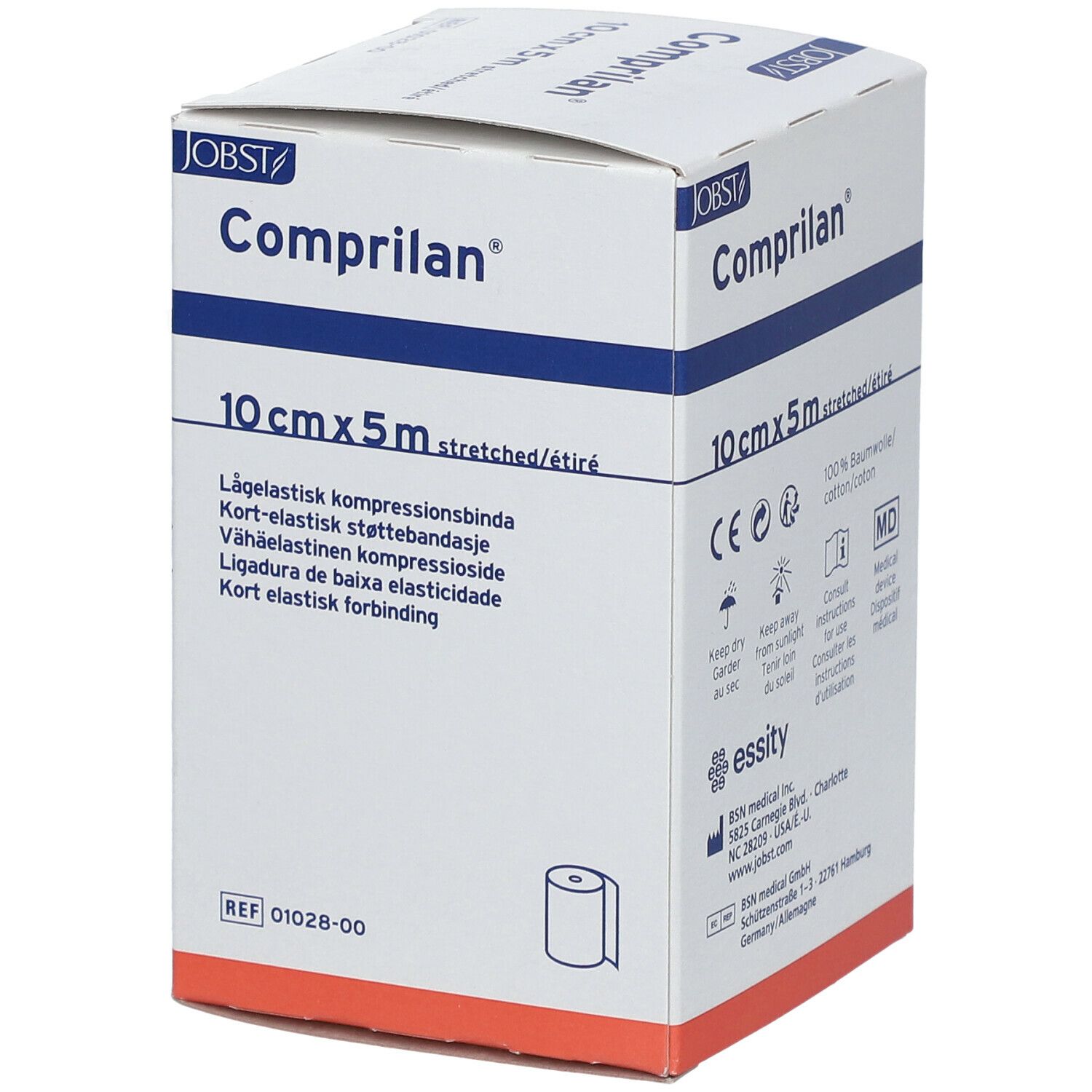 Emballage de bandage compressif. Inscription : 10 cm x 5 m, dispositif médical. Marque : Comprilan.