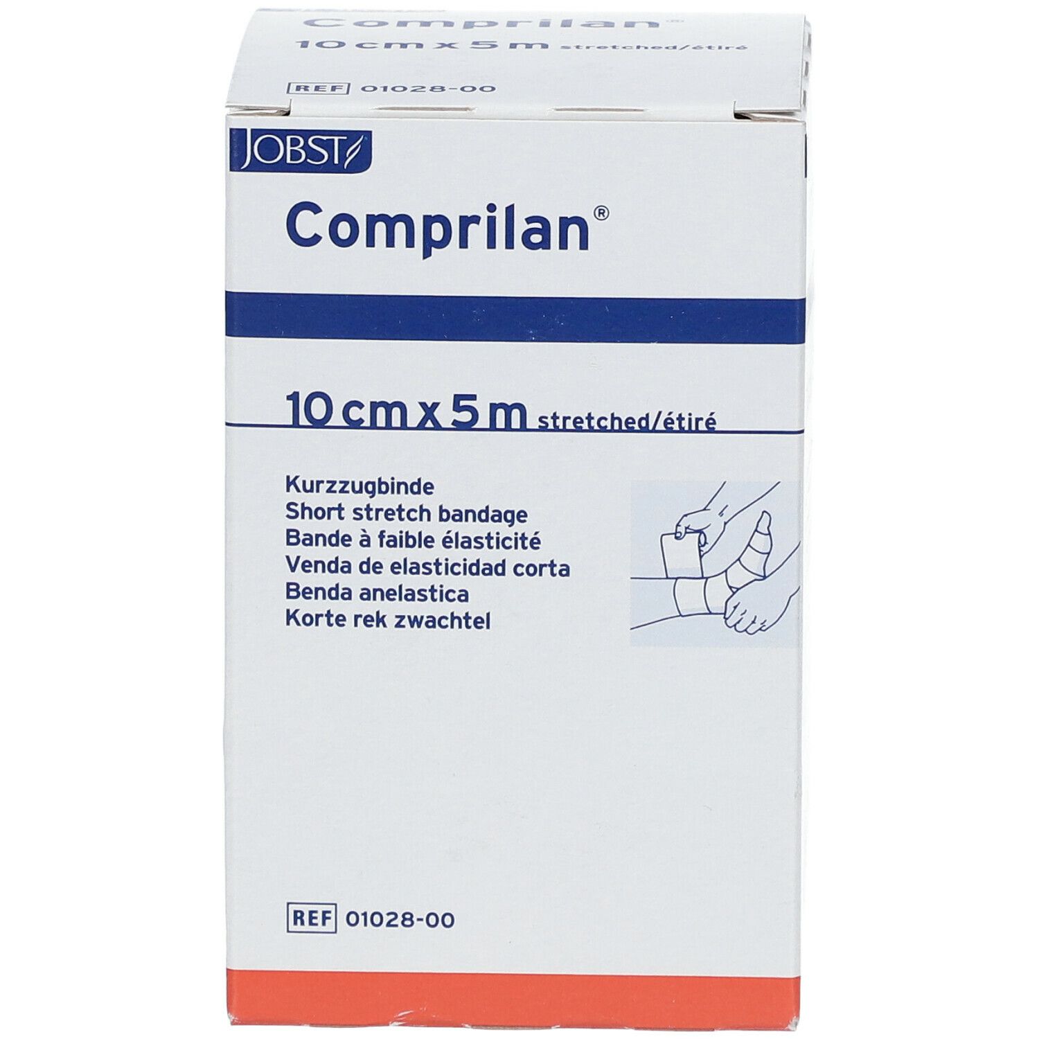 Emballage de bandage compressif. Inscription : 10 cm x 5 m, illustration. Marque : Comprilan.