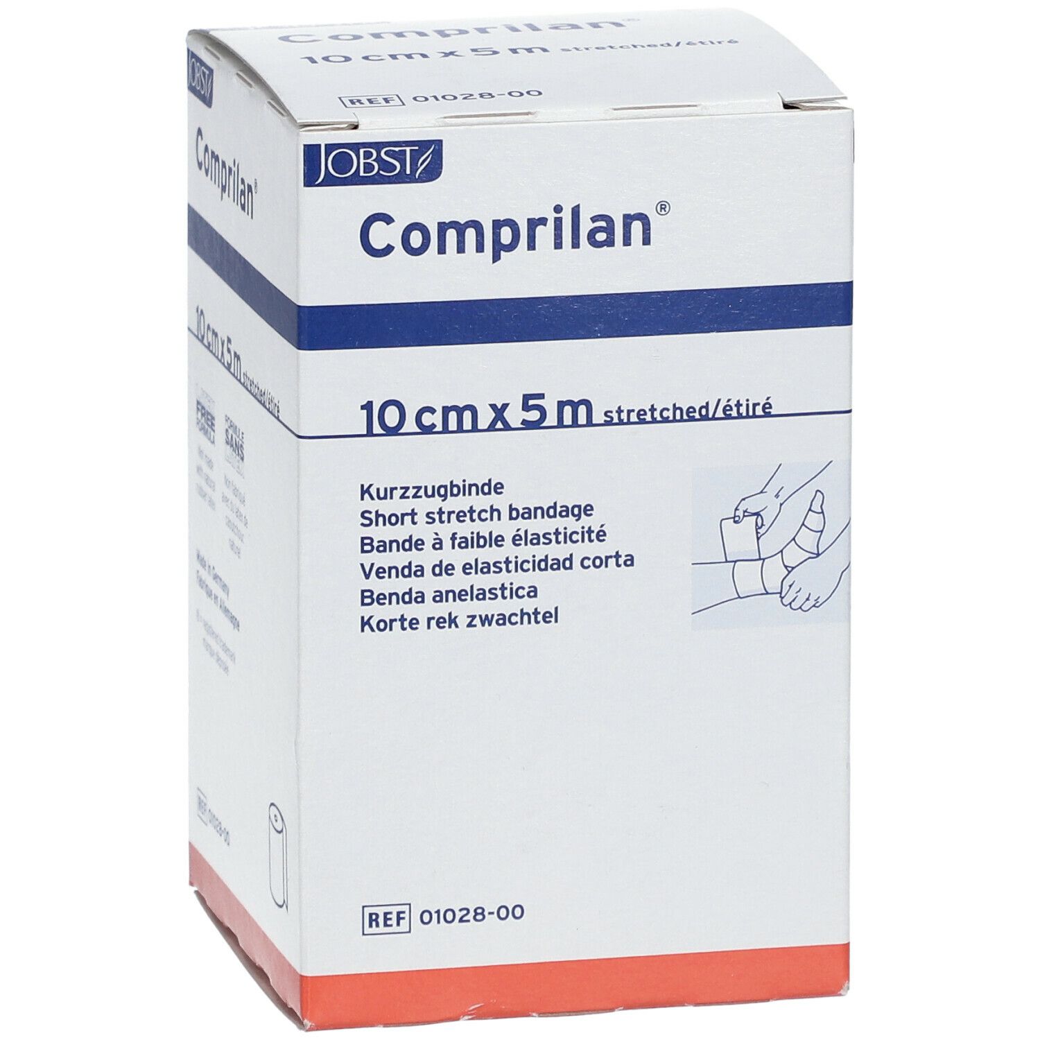Emballage de bandage compressif. Inscription : 10 cm x 5 m, illustration. Marque : Comprilan.