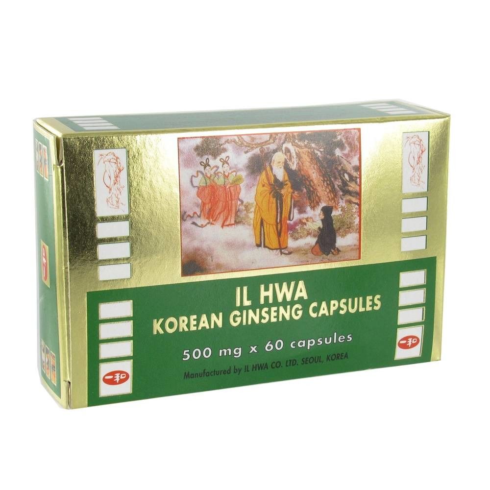 Boîte dorée avec inscription "IL HWA KOREAN GINSENG CAPSULES". Contient 60 gélules de 500 mg. Illustration d'une personne avec un chien.