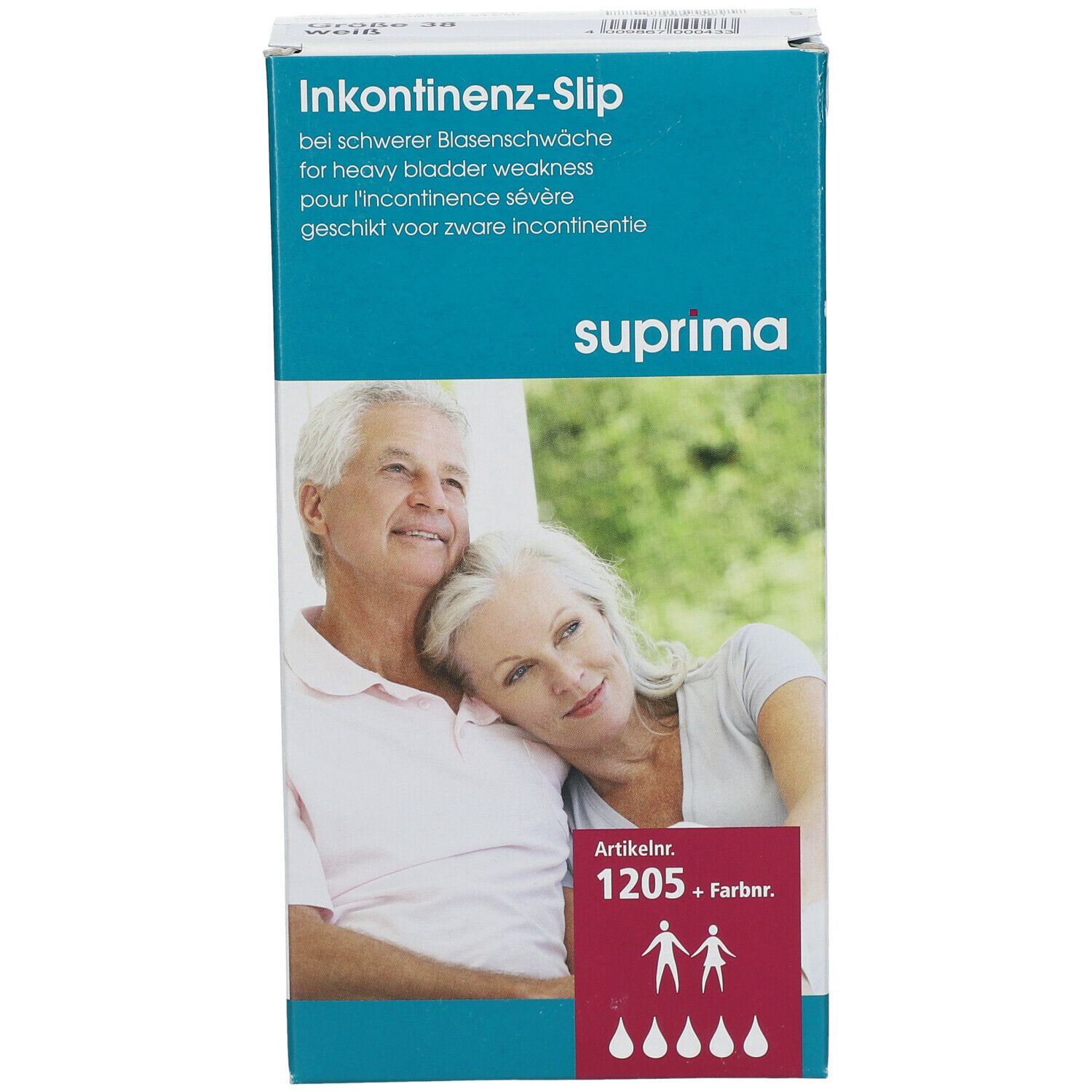 Emballage du produit. Inscription : Inkontinenz-Slip, suprima. Image d'un couple. Numéro d'article 1205.