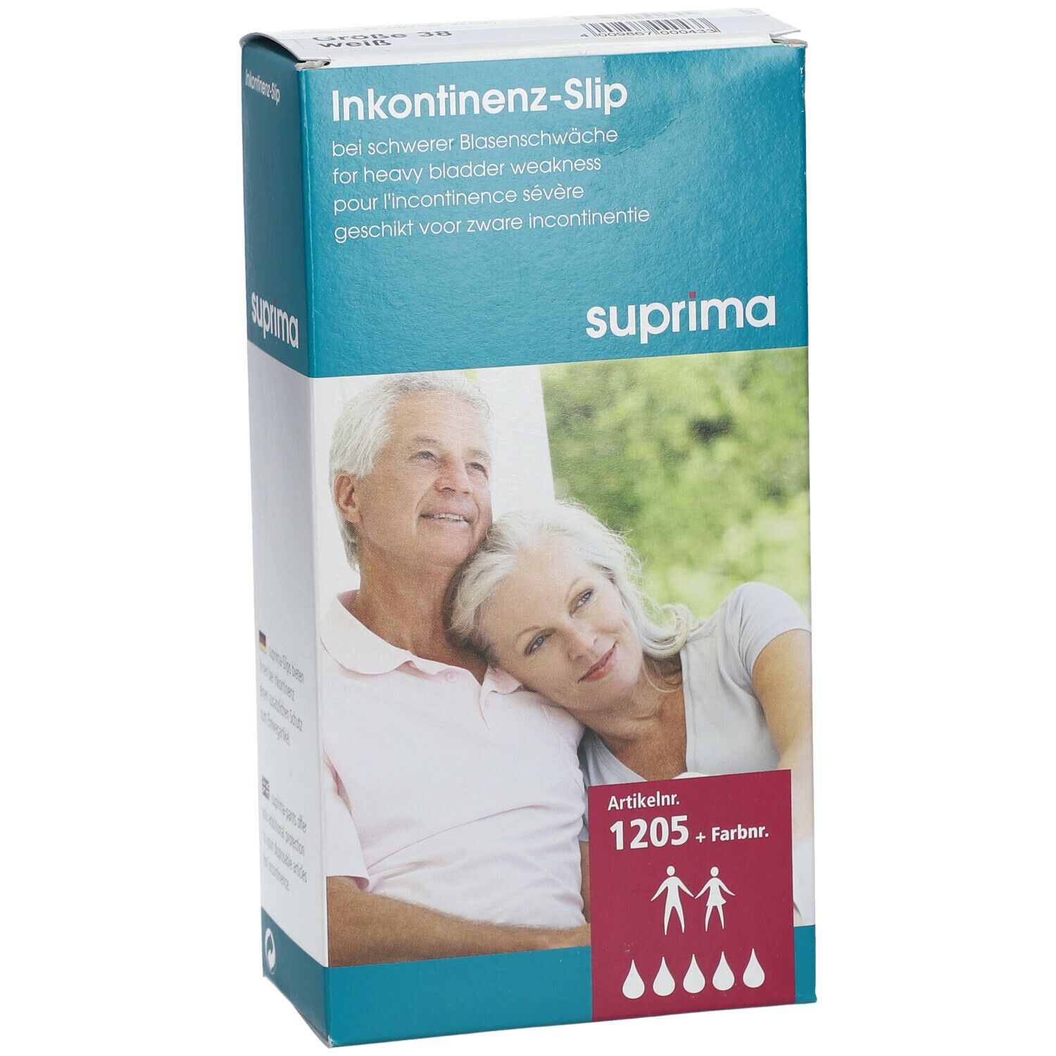 Emballage du produit. Inscription : Inkontinenz-Slip, suprima. Image d'un couple. Numéro d'article 1205.
