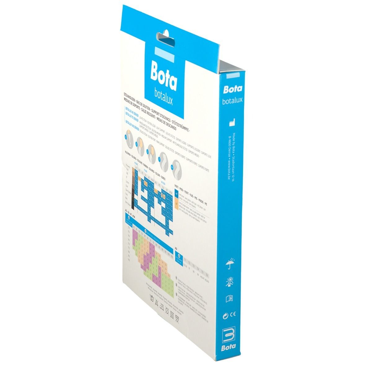 Seitenansicht der Botalux Kompressionsstrumpfhosen-Verpackung. Aufdruck: Bota, Botalux, Größentabelle, Produktinformationen.