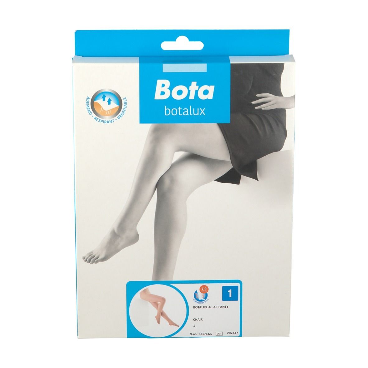Verpackung der Botalux Kompressionsstrumpfhose. Aufdruck: Bota, Botalux, Bein-Illustration, Größe 1.
