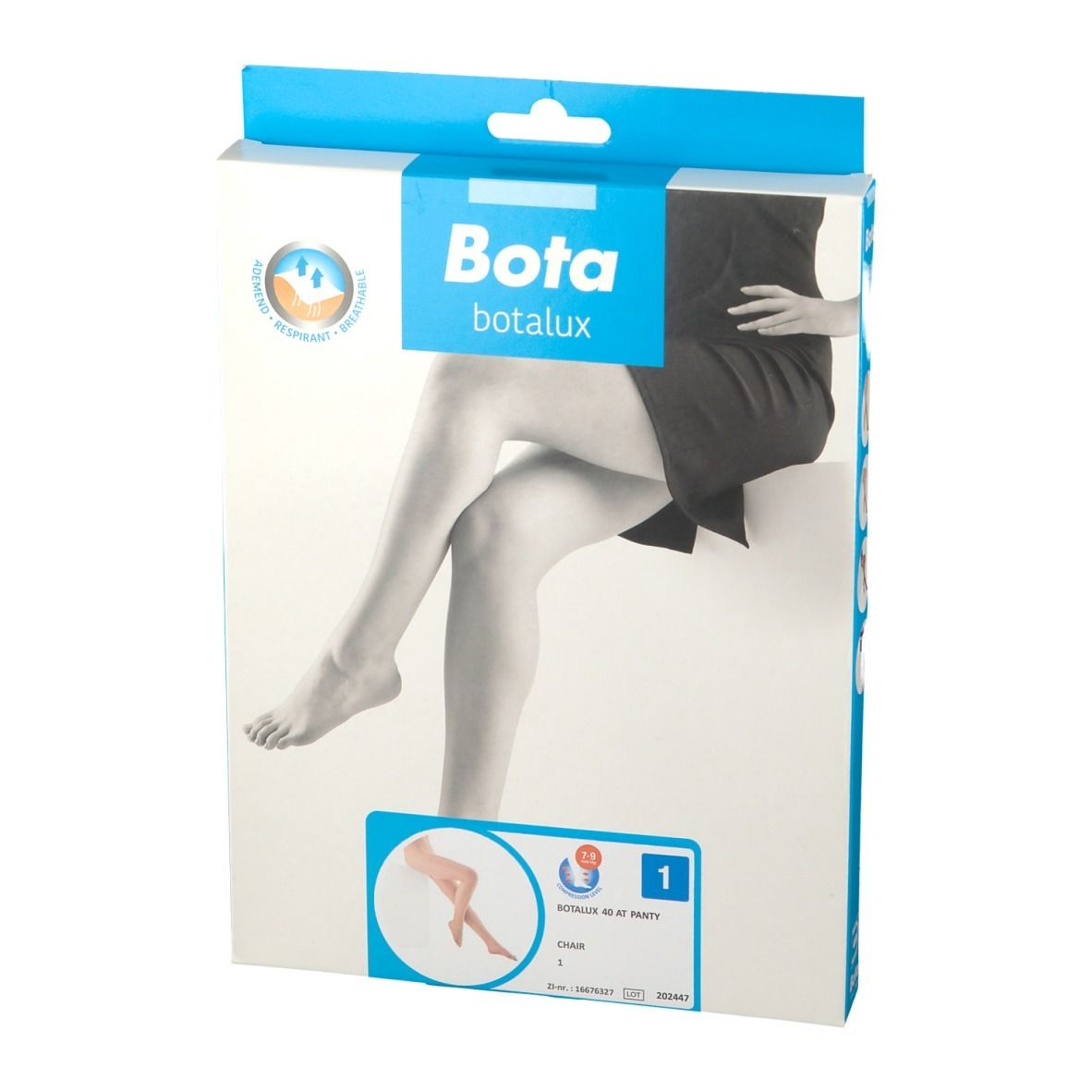 Verpackung der Botalux Kompressionsstrumpfhose. Aufdruck: Bota, Botalux, Bein-Illustration, Größe 1.