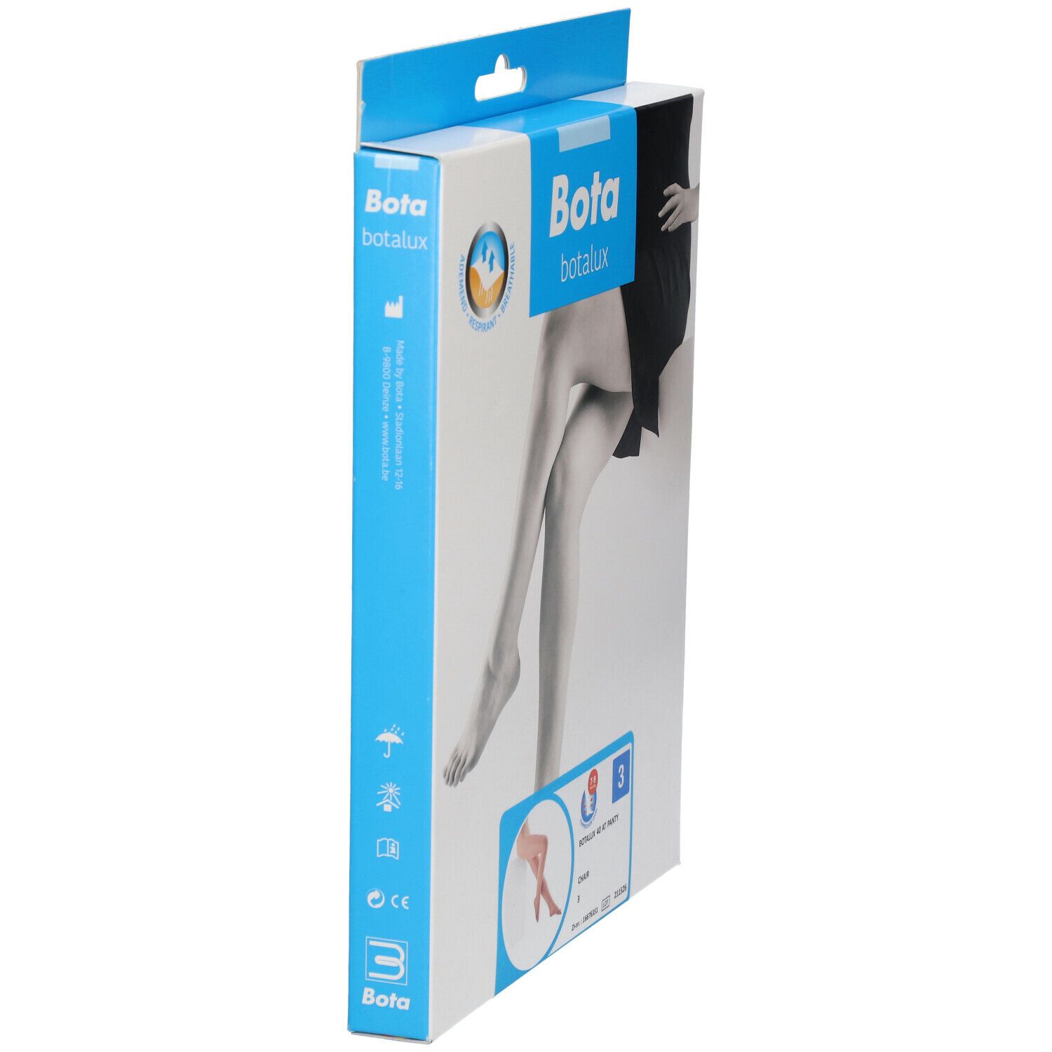 Vue latérale de la boîte Botalux 40 Panty Support Ch N3. Nom du produit, taille 3 et illustration d'un collant.
