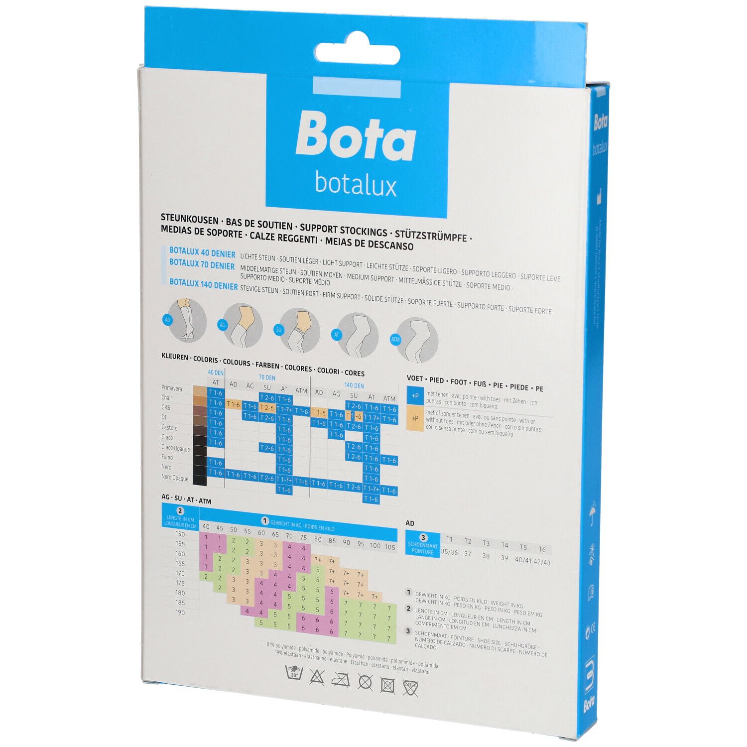 Dos de la boîte Botalux 40 Panty Support Ch N3. Tableau des tailles et informations produit multilingues.
