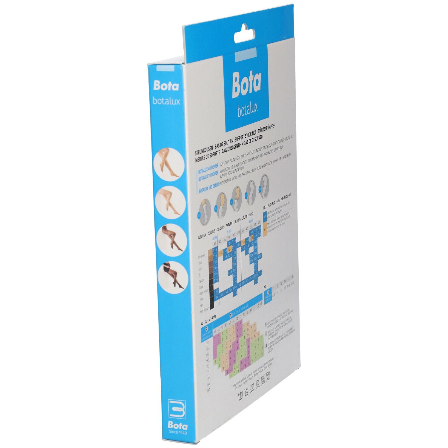 Vue latérale de la boîte Botalux 40 Panty Support Ch N3. Tableau des tailles et informations produit.