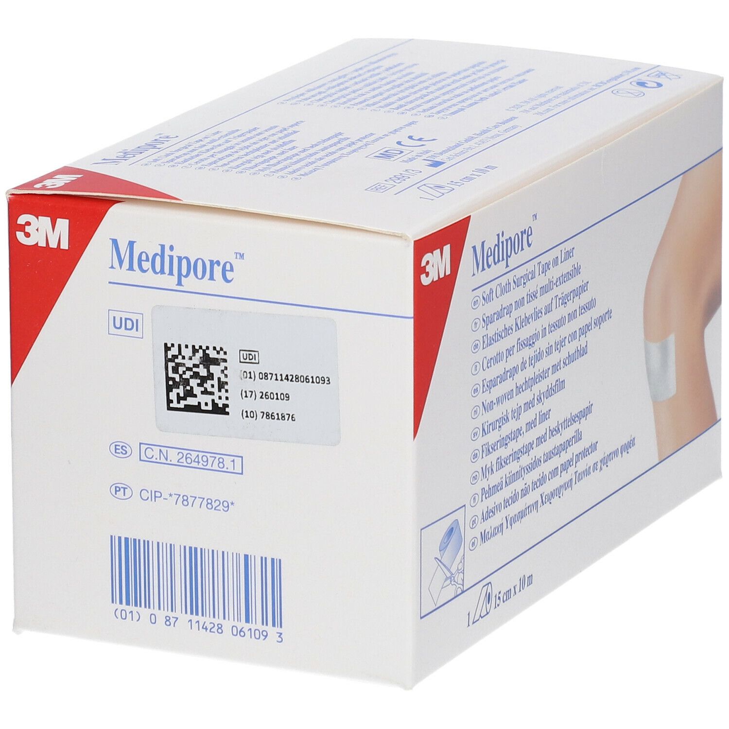 Boîte de 3M Medipore. Inscriptions : Soft Cloth Surgical Tape, code UDI, 15 cm x 10 m. Illustration : genou avec pansement.
