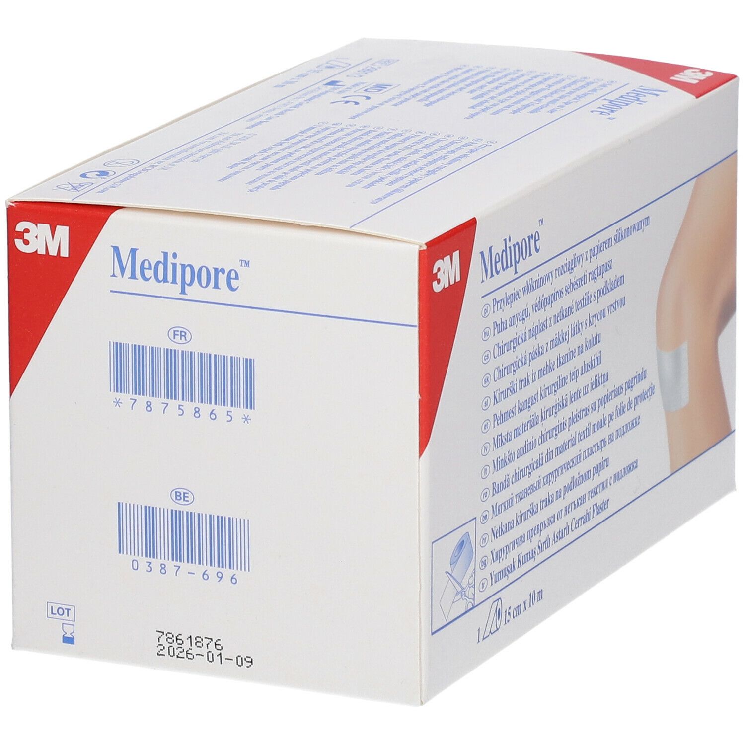 Boîte de 3M Medipore. Inscriptions : Soft Cloth Surgical Tape, 15 cm x 10 m. Code-barres et informations de lot.