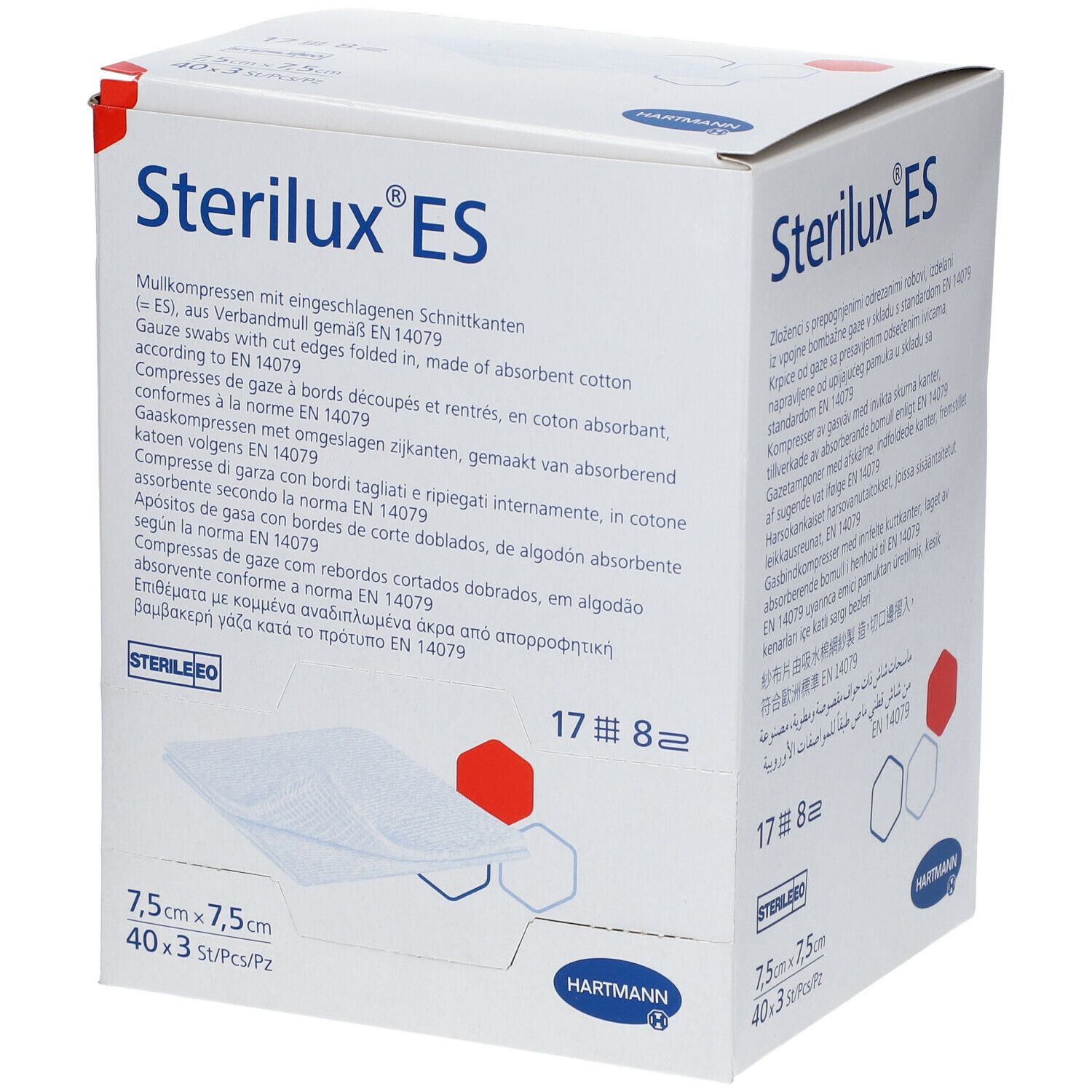 Verpakking van Sterilux ES. Bevat 40 steriele kompressen, 7,5x7,5cm. Merk Hartmann. Met certificering.